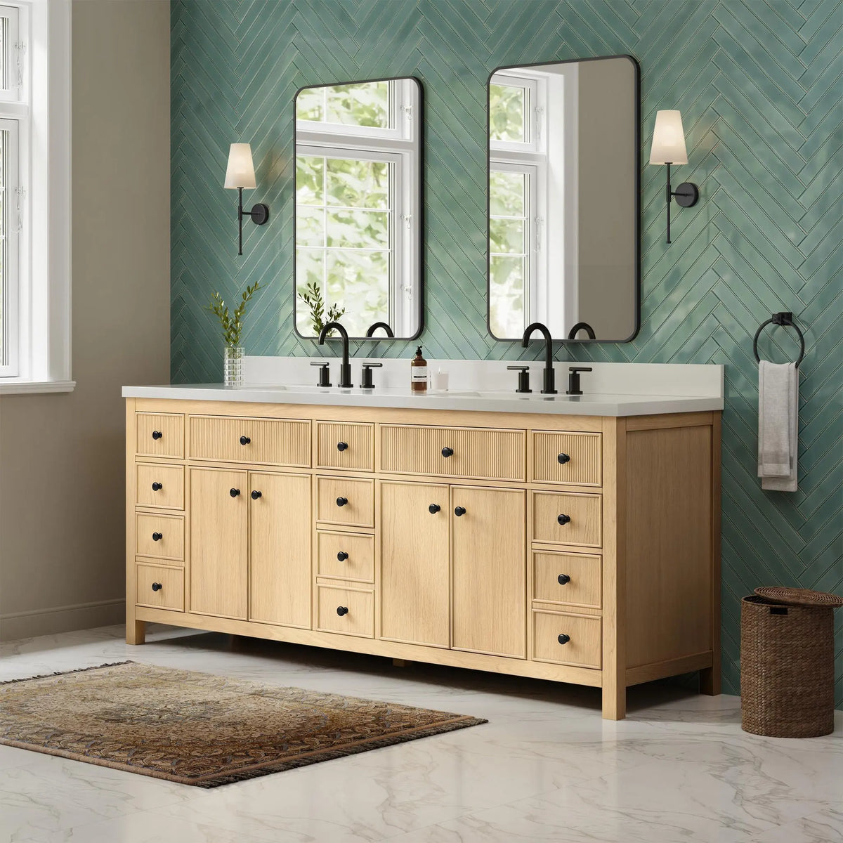 84" Rian Double Bathroom Vanity Scandinavian Oak Matte Black Trim by wyndham View 16