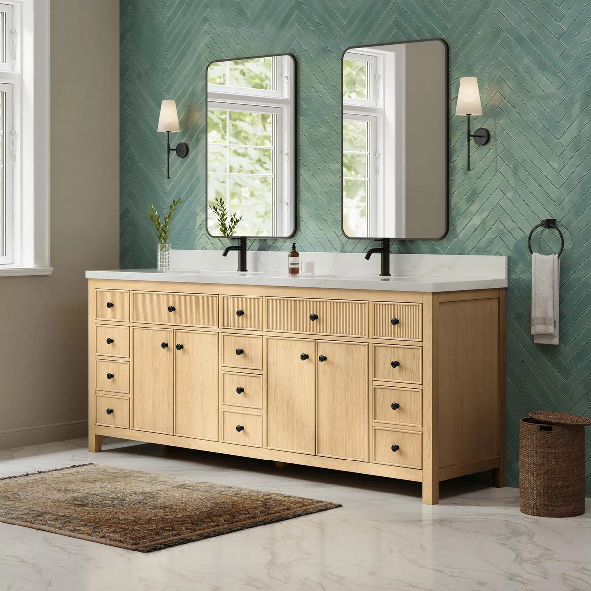 84" Rian Double Bathroom Vanity Scandinavian Oak Matte Black Trim by wyndham View 4