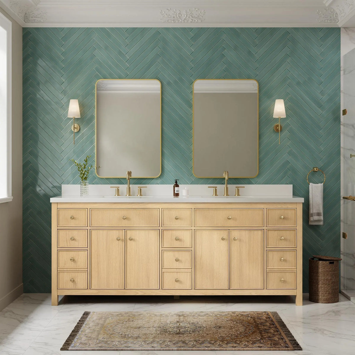 84" Rian Double Bathroom Vanity Scandinavian Oak Satin Bronze Trim by wyndham View 14
