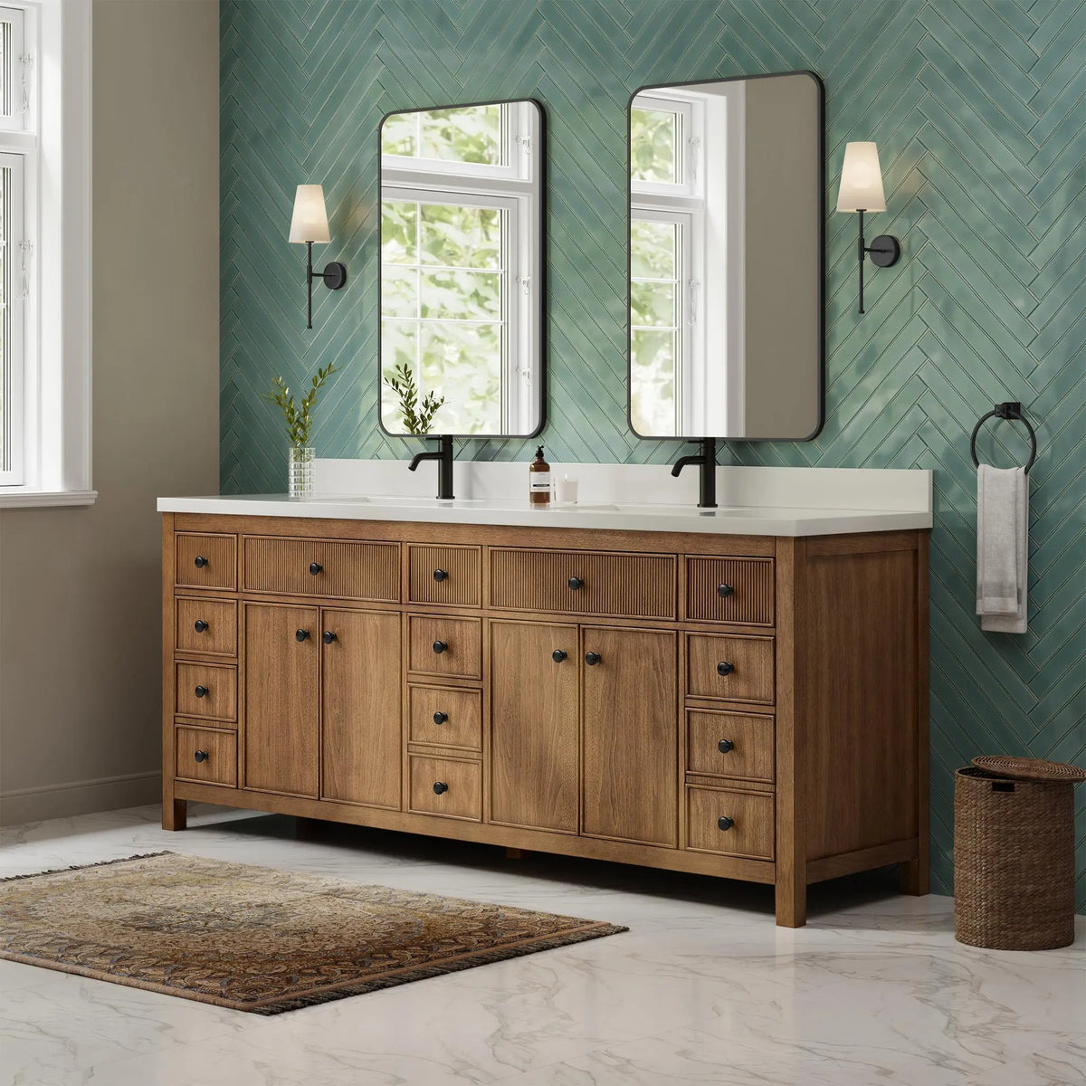 84" Rian Double Bathroom Vanity Toasted Walnut Matte Black Trim by wyndham View 12