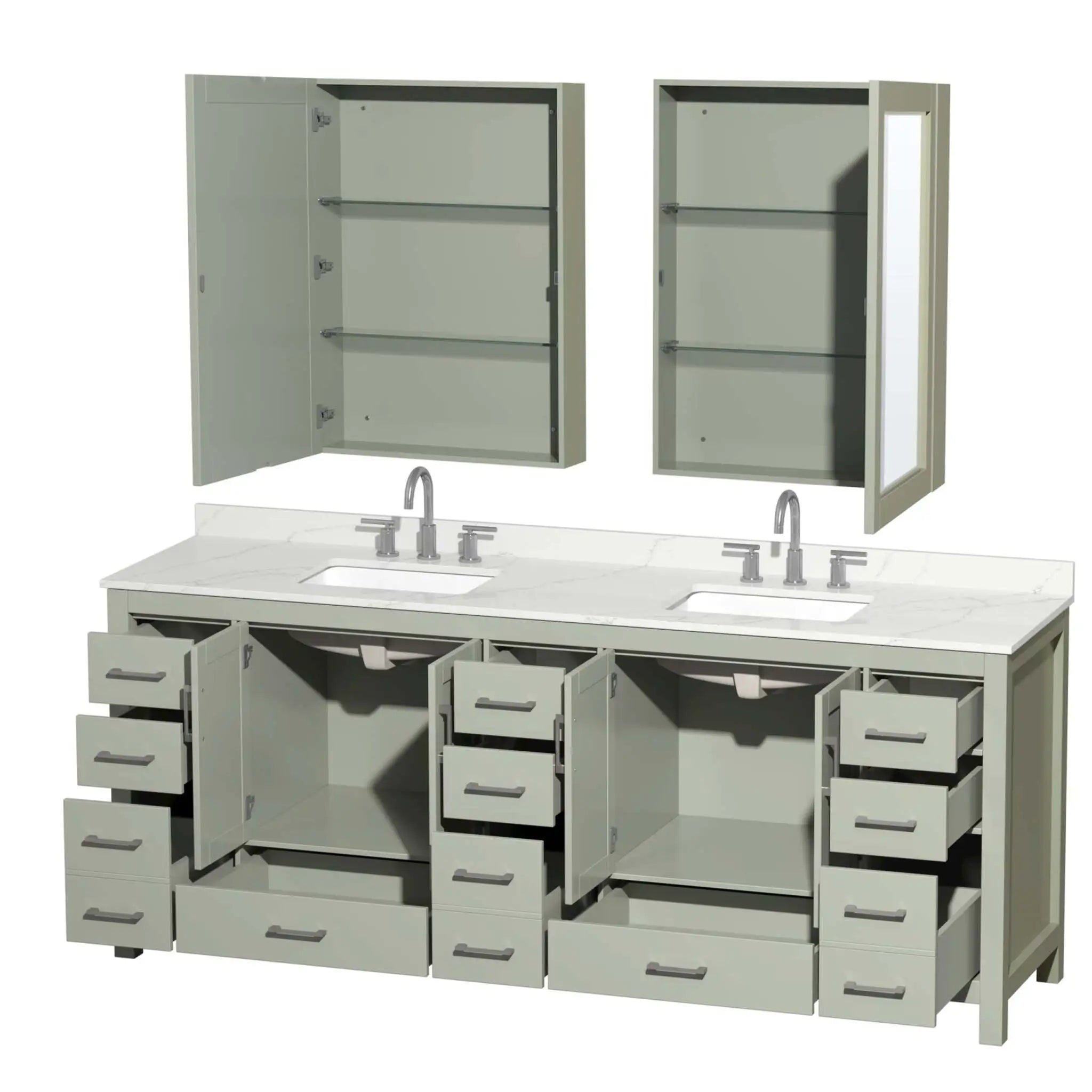 84" Sheffield 84 inch Double Bathroom Vanity in Light Green with Brushed Nickel Trim & Medicine Cabinet by Wyndham