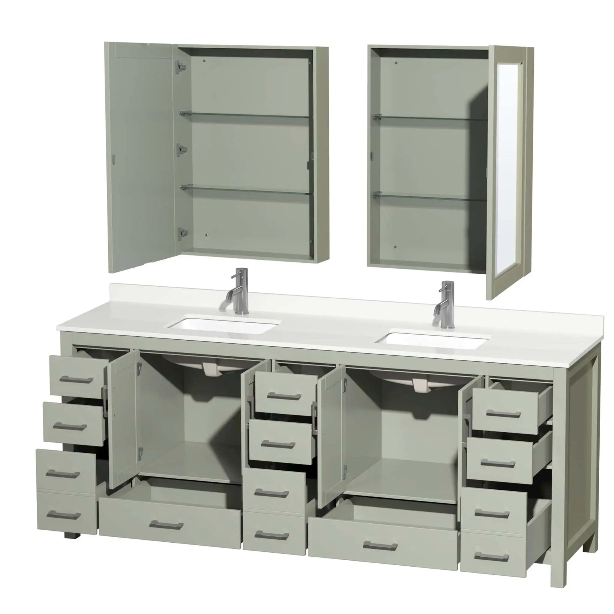 84" Sheffield 84 inch Double Bathroom Vanity in Light Green with Brushed Nickel Trim & Medicine Cabinet by Wyndham