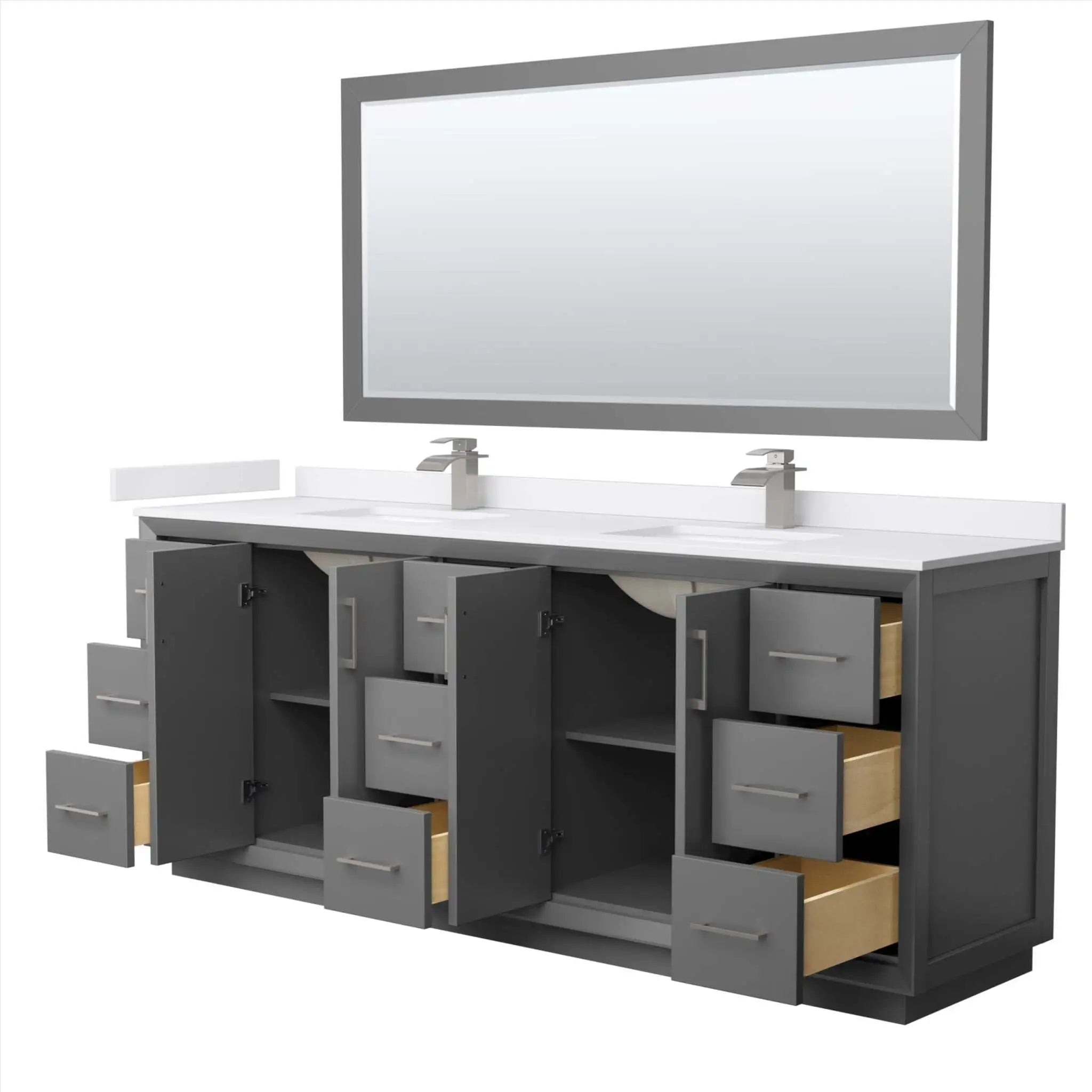 84" Strada Double Bathroom Vanity in Dark Gray with Brushed Nickel Trim & 70" Mirror by Wyndham