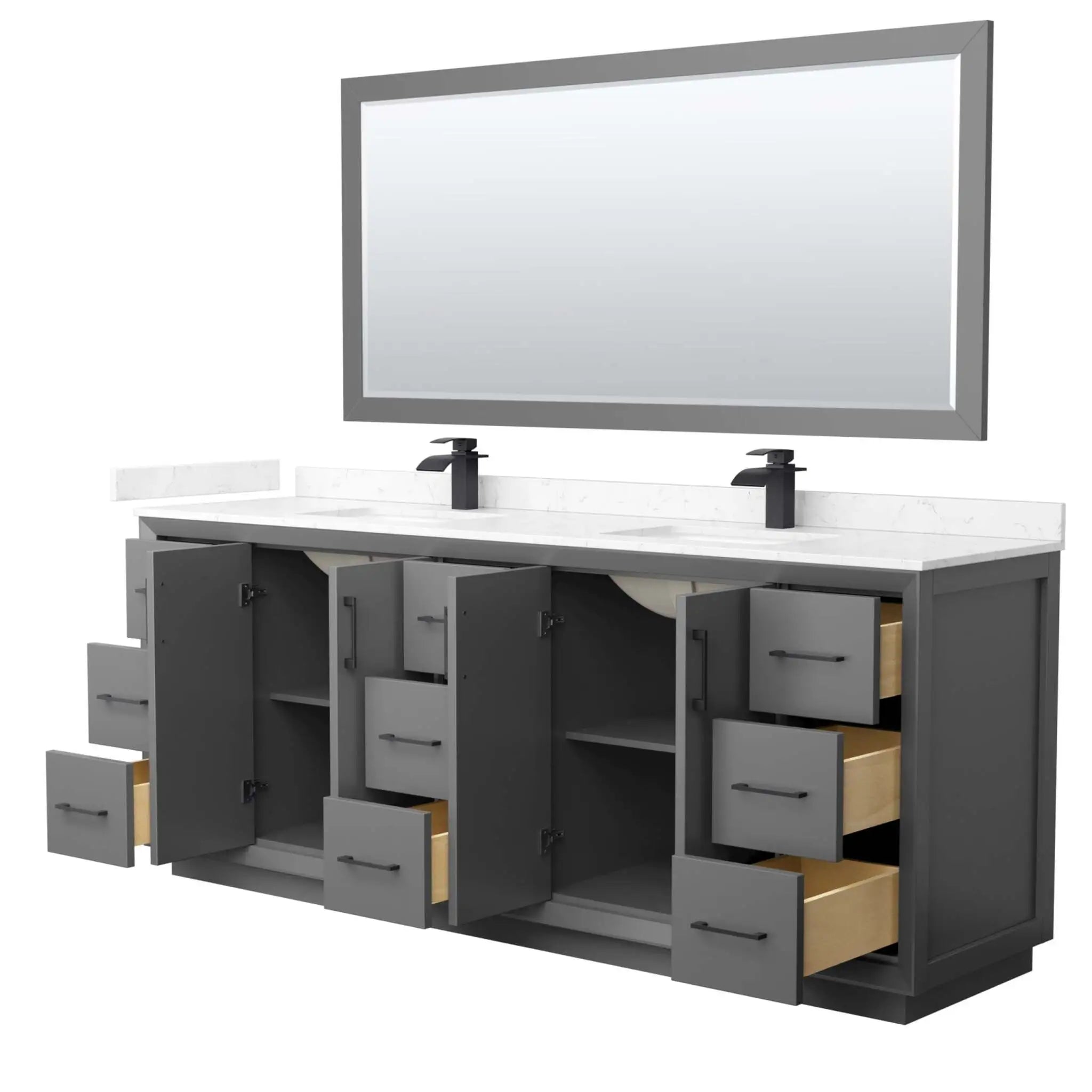 84" Strada Double Bathroom Vanity in Dark Gray with Matte Black Trim & 70" Mirror by Wyndham