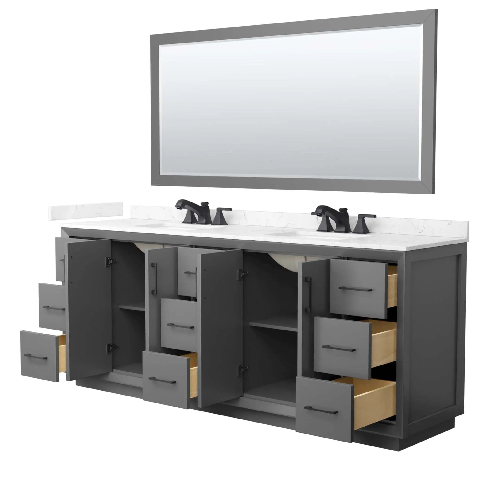 84" Strada Double Bathroom Vanity in Dark Gray with Matte Black Trim & 70" Mirror by Wyndham