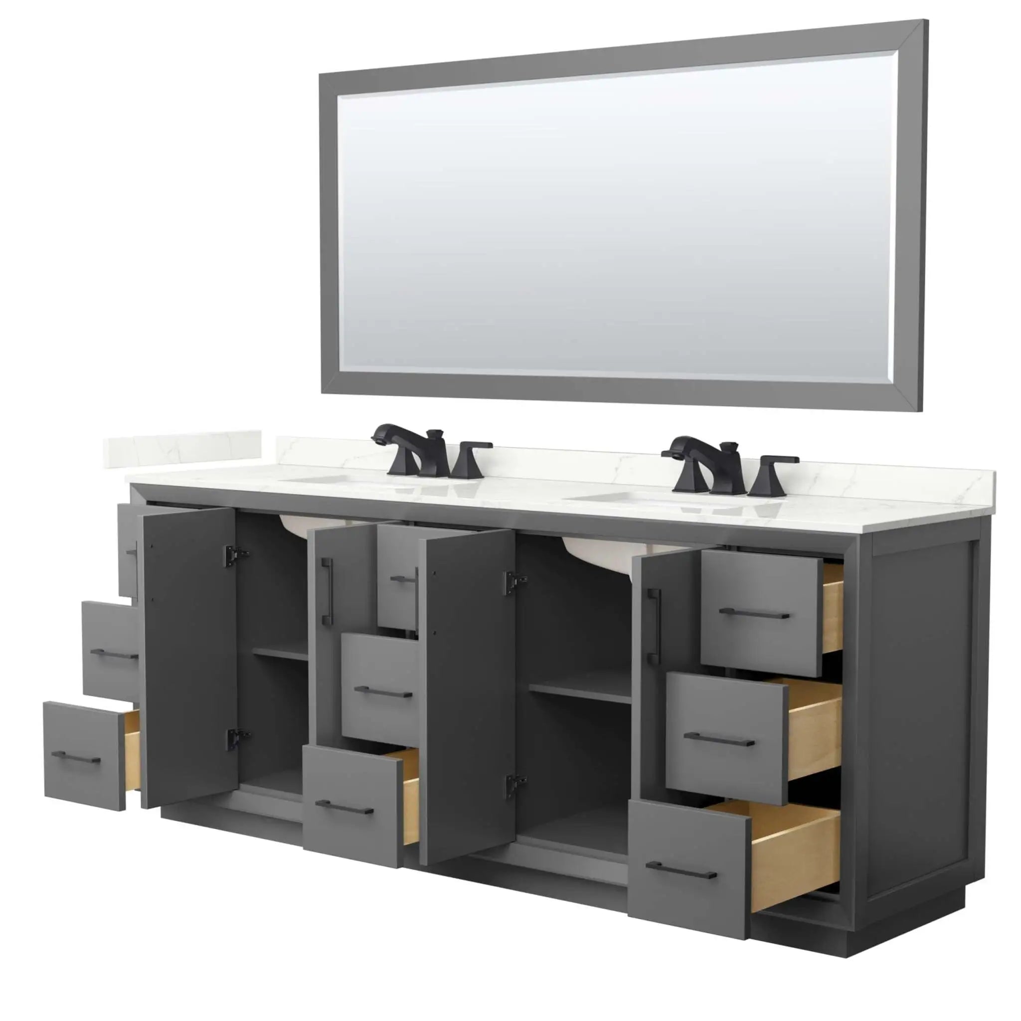 84" Strada Double Bathroom Vanity in Dark Gray with Matte Black Trim & 70" Mirror by Wyndham