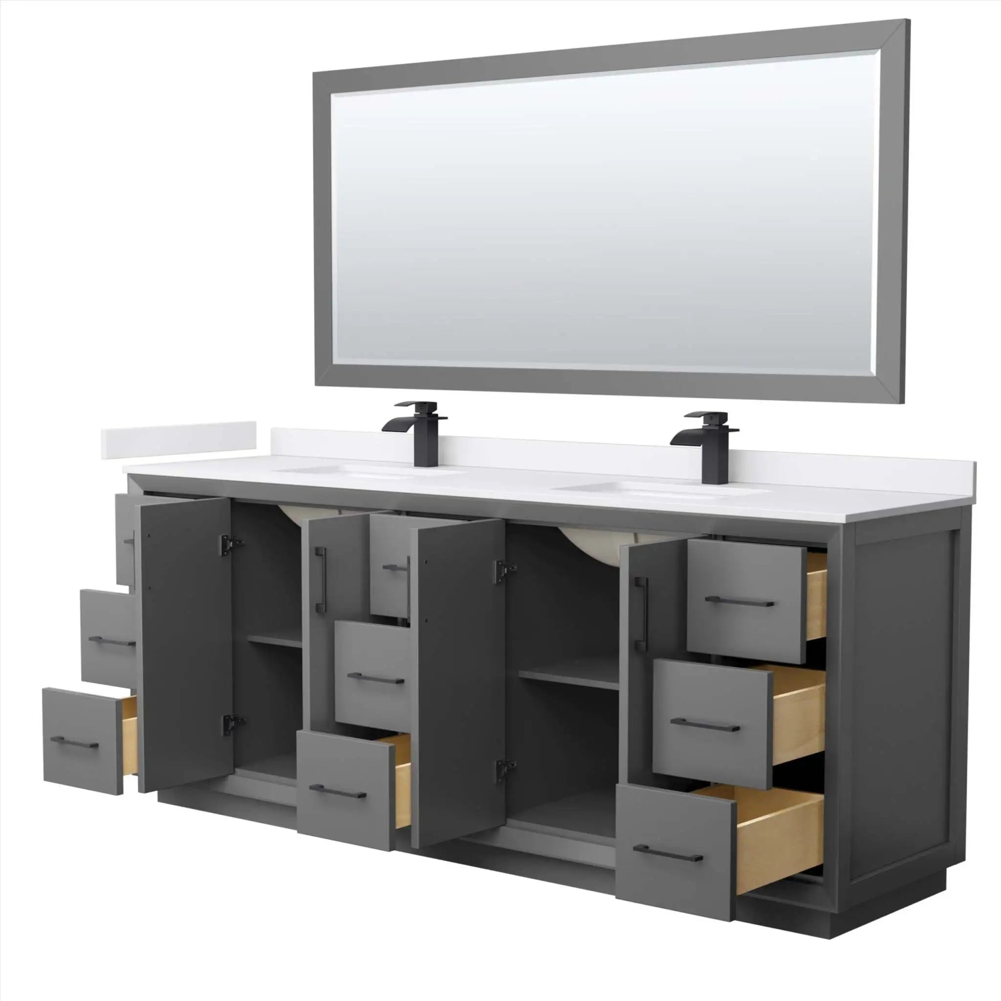 84" Strada Double Bathroom Vanity in Dark Gray with Matte Black Trim & 70" Mirror by Wyndham