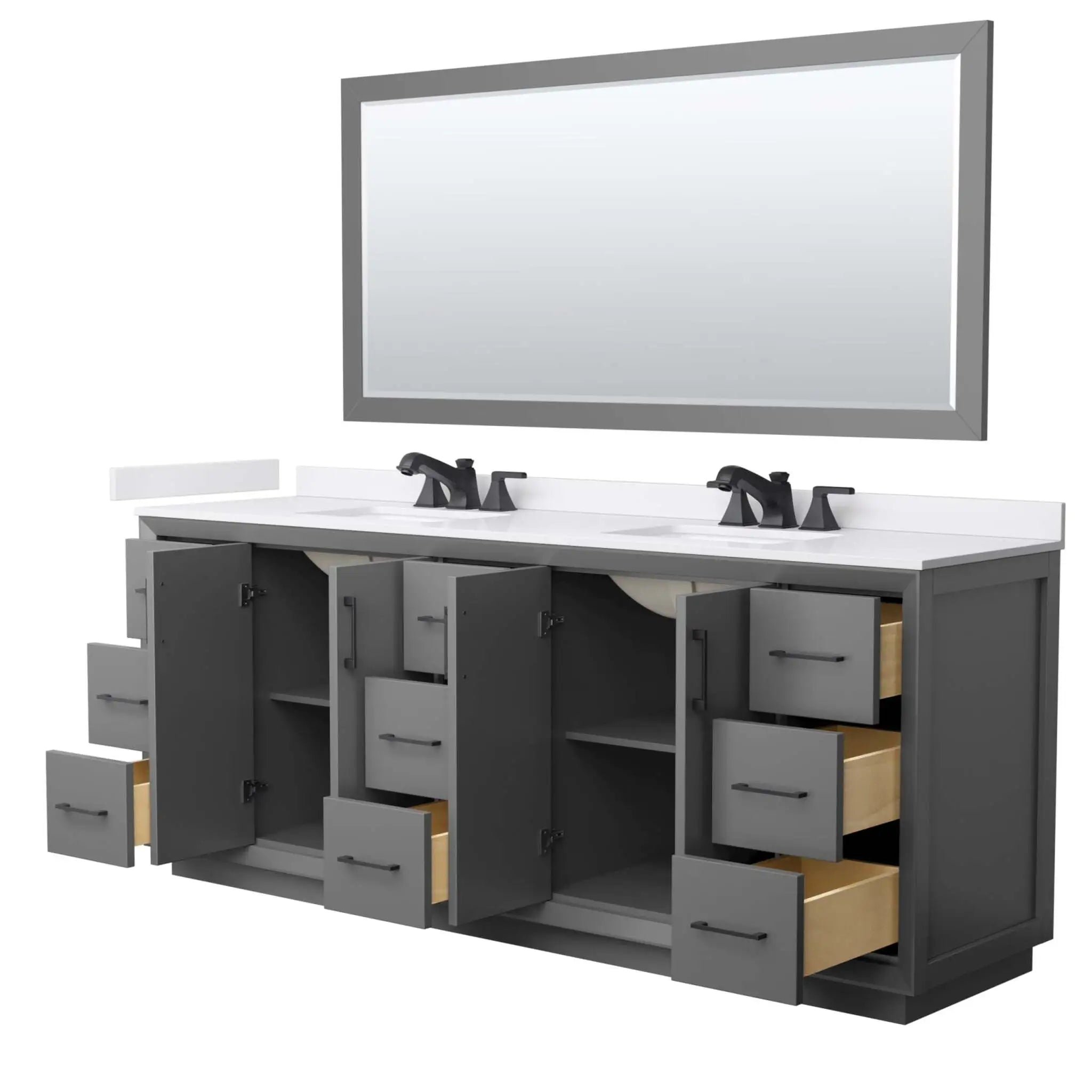 84" Strada Double Bathroom Vanity in Dark Gray with Matte Black Trim & 70" Mirror by Wyndham