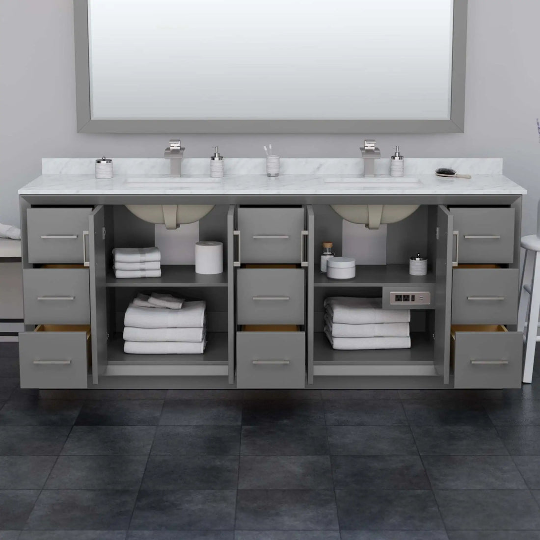 84" Strada Double Bathroom Vanity in Dark Gray with Matte Black Trim by Wyndham