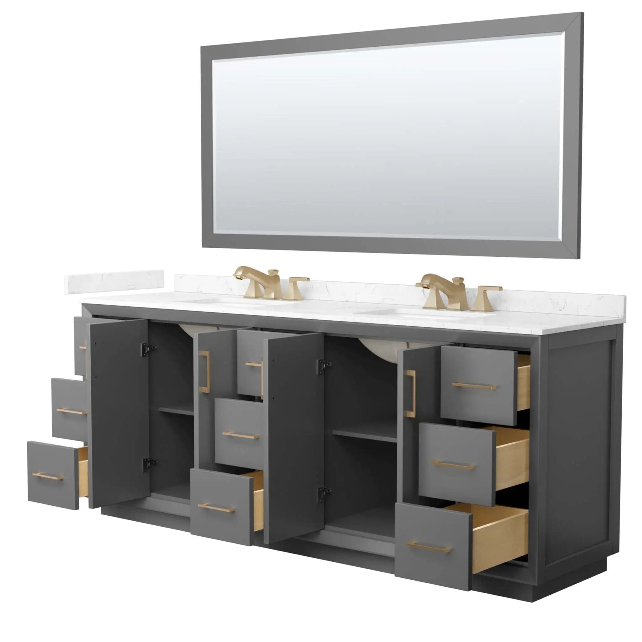 84" Strada Double Bathroom Vanity in Dark Gray with Satin Bronze Trim & 70" Mirror by Wyndham
