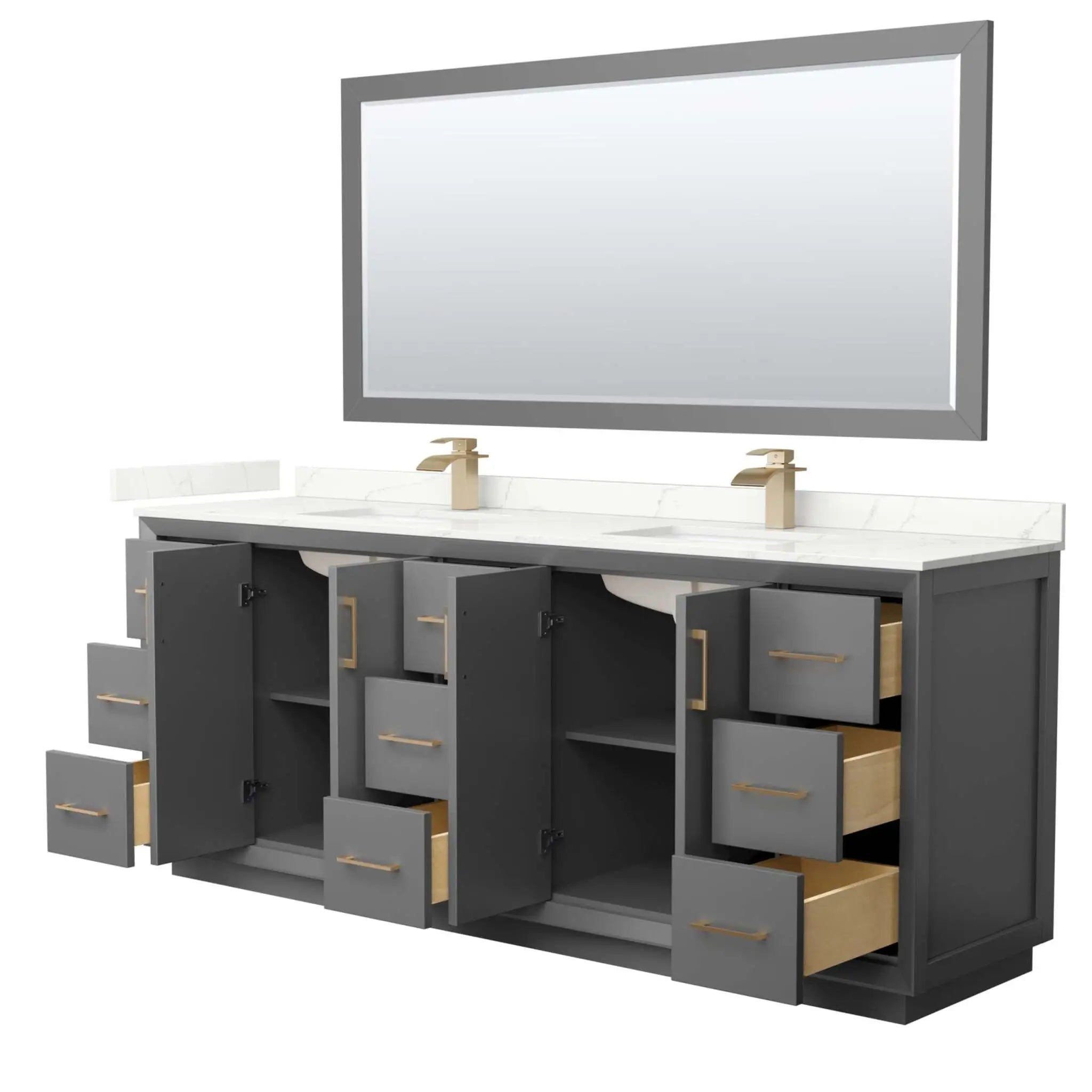 84" Strada Double Bathroom Vanity in Dark Gray with Satin Bronze Trim & 70" Mirror by Wyndham