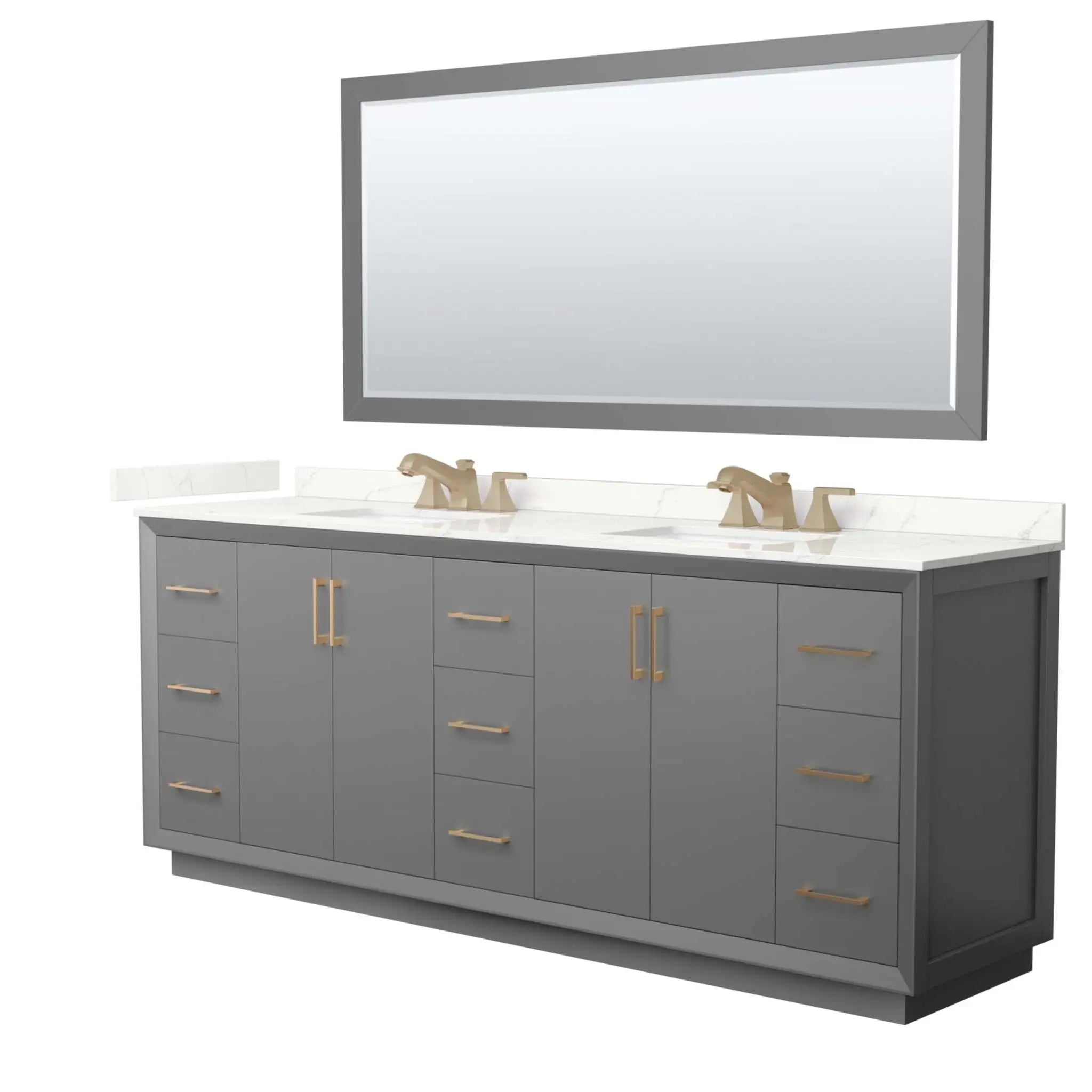 84" Strada Double Bathroom Vanity in Dark Gray with Satin Bronze Trim & 70" Mirror by Wyndham