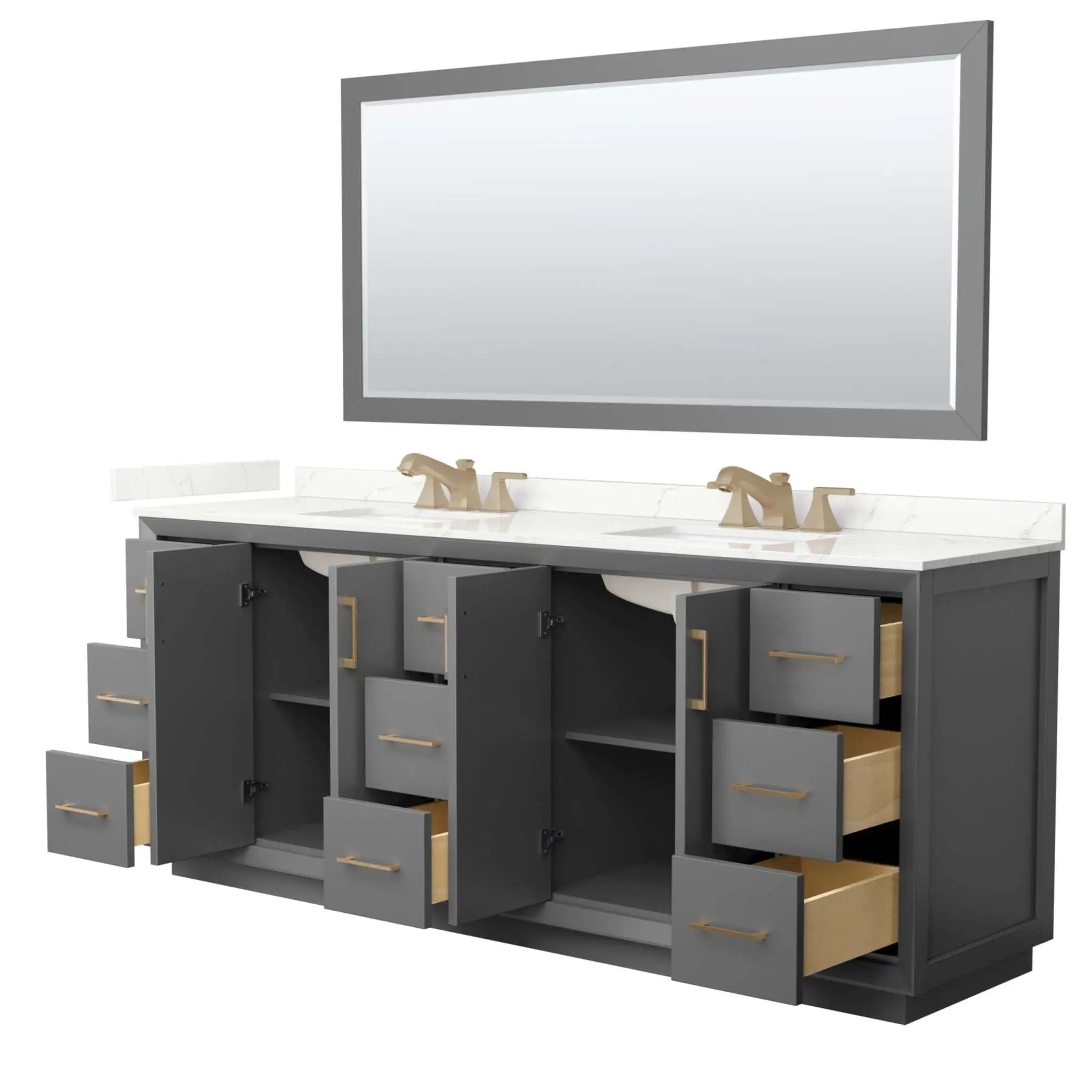 84" Strada Double Bathroom Vanity in Dark Gray with Satin Bronze Trim & 70" Mirror by Wyndham