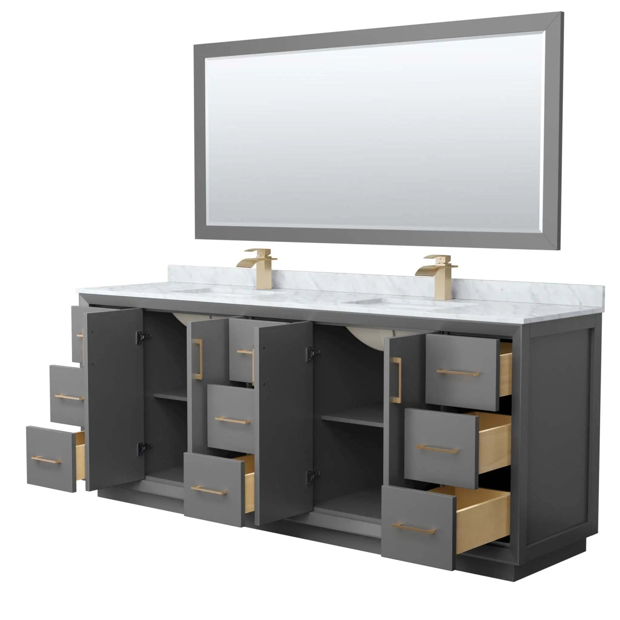 84" Strada Double Bathroom Vanity in Dark Gray with Satin Bronze Trim & 70" Mirror by Wyndham
