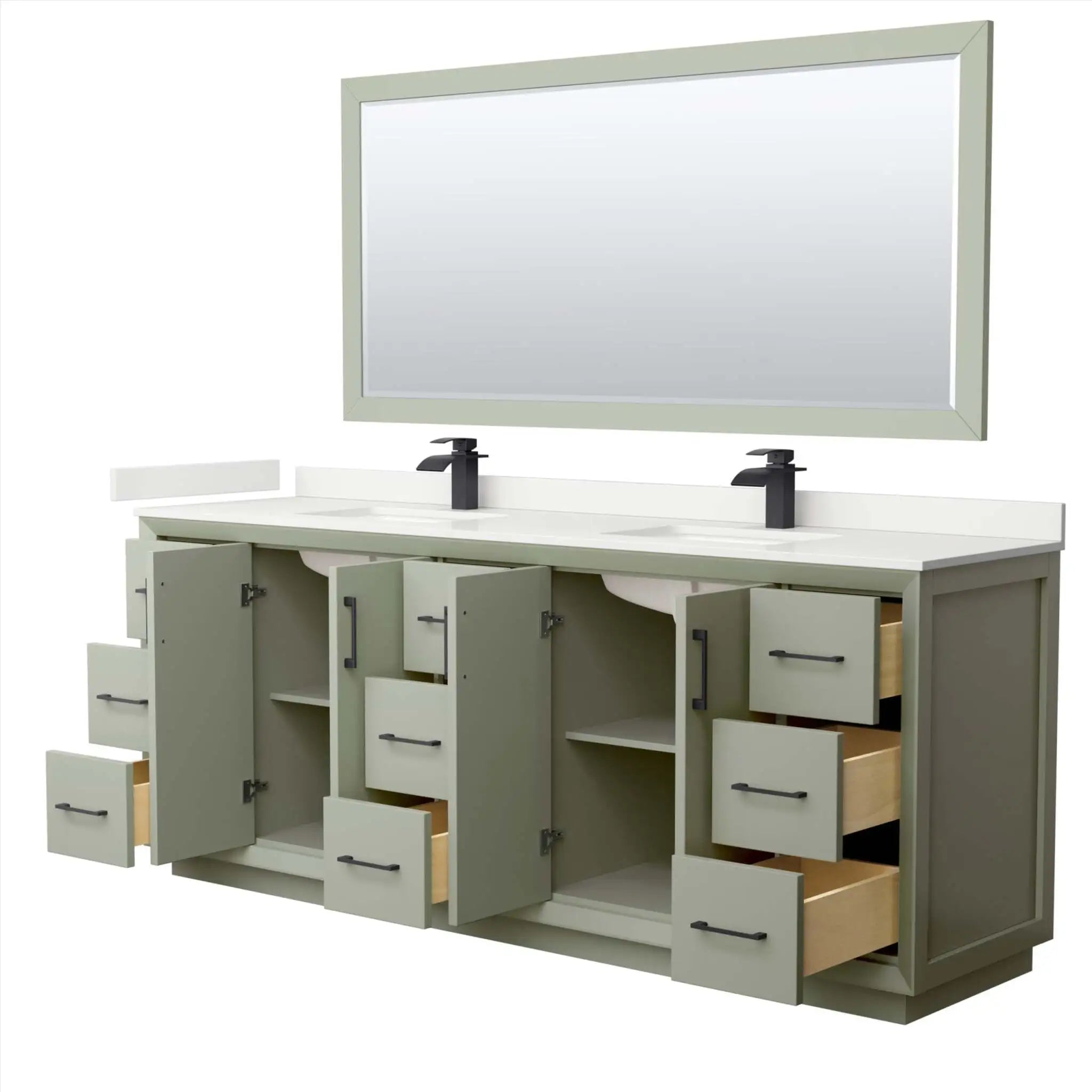 84" Strada Double Bathroom Vanity in Light Green with Matte Black Trim & 70" Mirror by Wyndham
