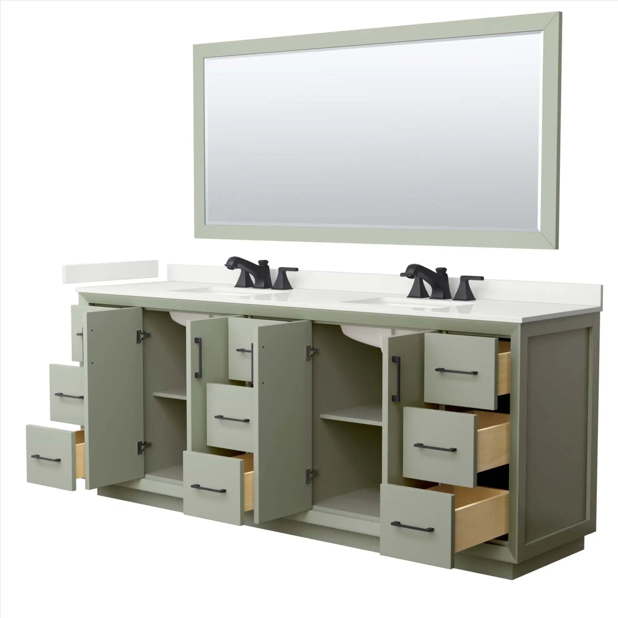 84" Strada Double Bathroom Vanity in Light Green with Matte Black Trim & 70" Mirror by Wyndham