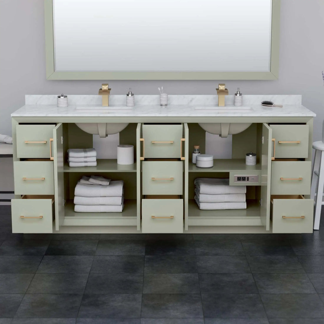 84" Strada Double Bathroom Vanity in Light Green with Matte Black Trim by Wyndham