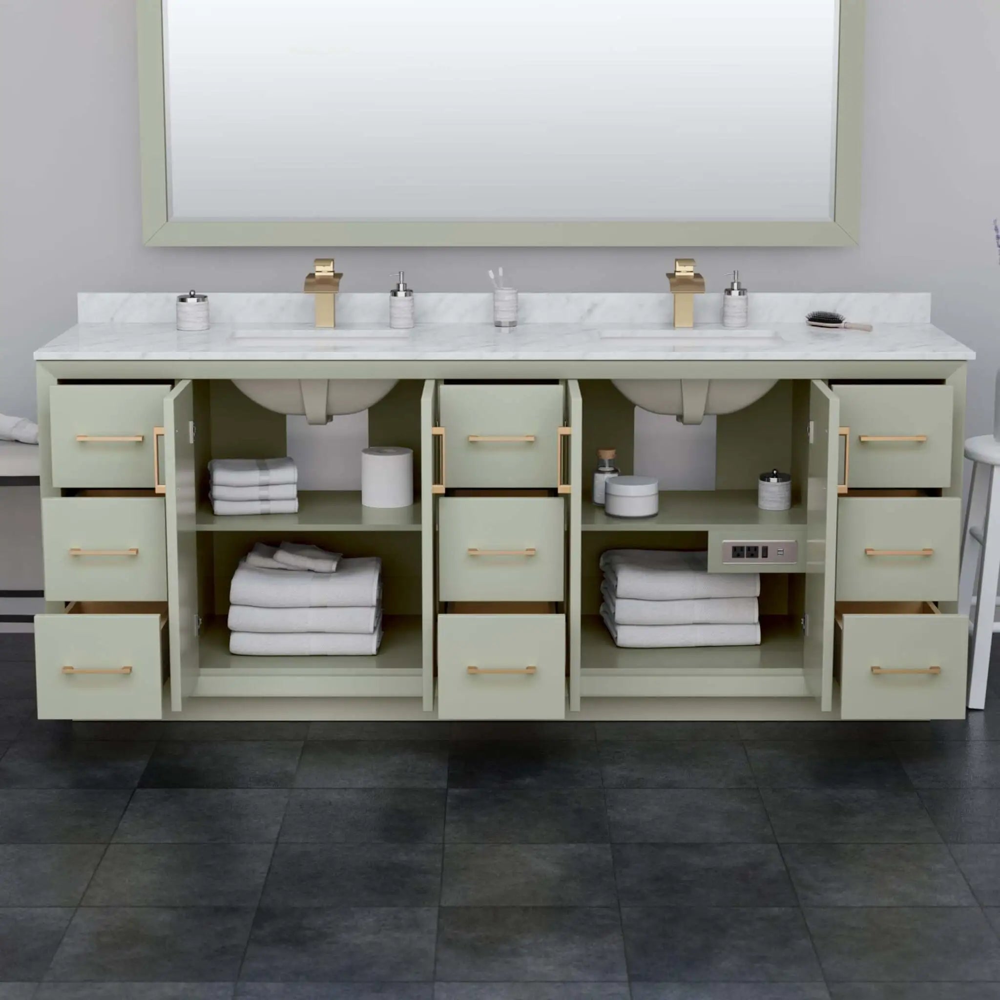 84" Strada Double Bathroom Vanity in Light Green with Matte Black Trim by Wyndham