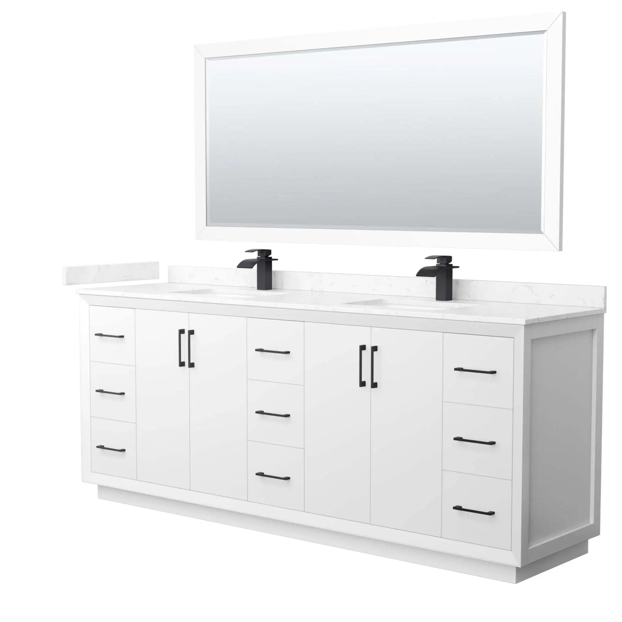 84" Strada Double Bathroom Vanity in White with Matte Black Trim & 70" Mirror by Wyndham