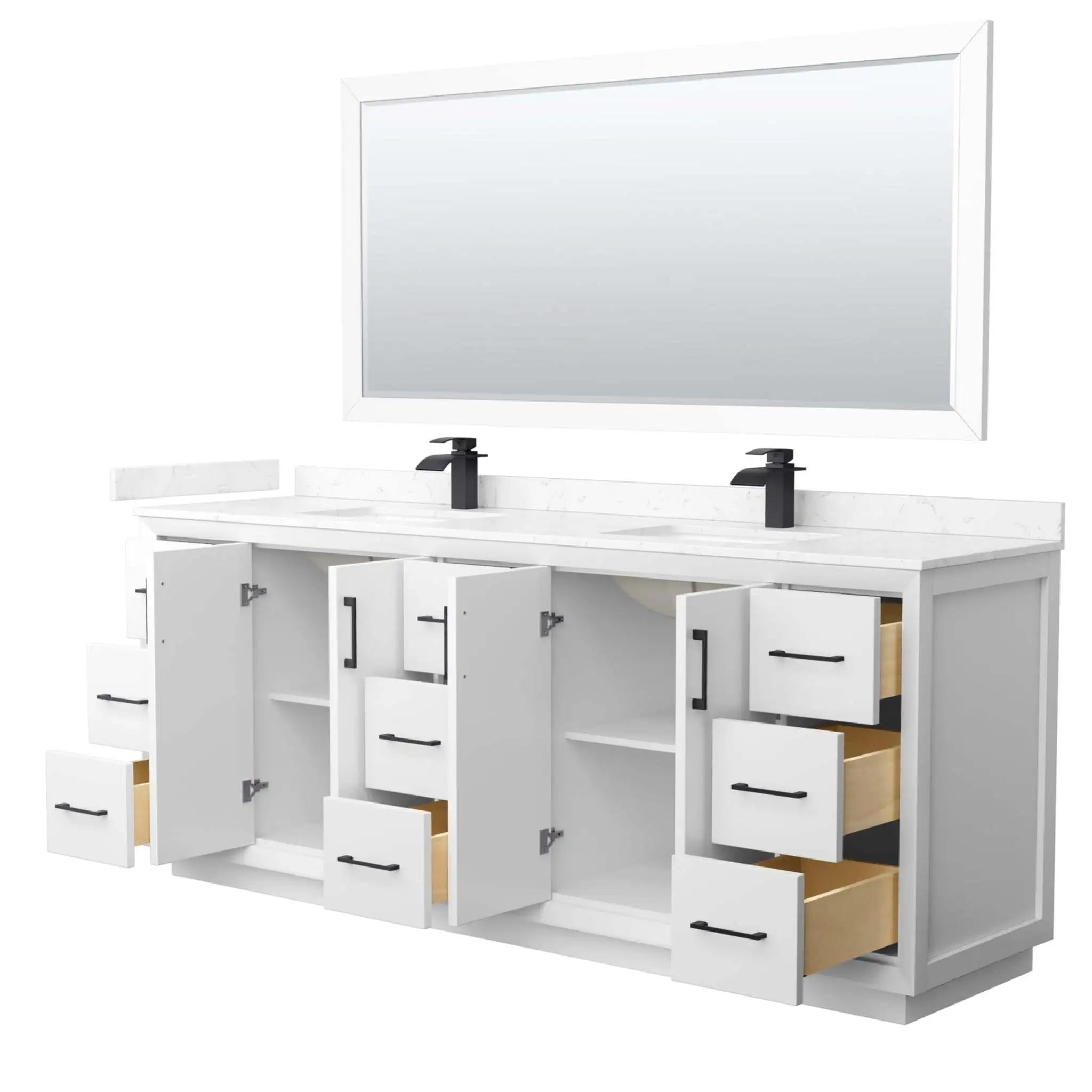 84" Strada Double Bathroom Vanity in White with Matte Black Trim & 70" Mirror by Wyndham
