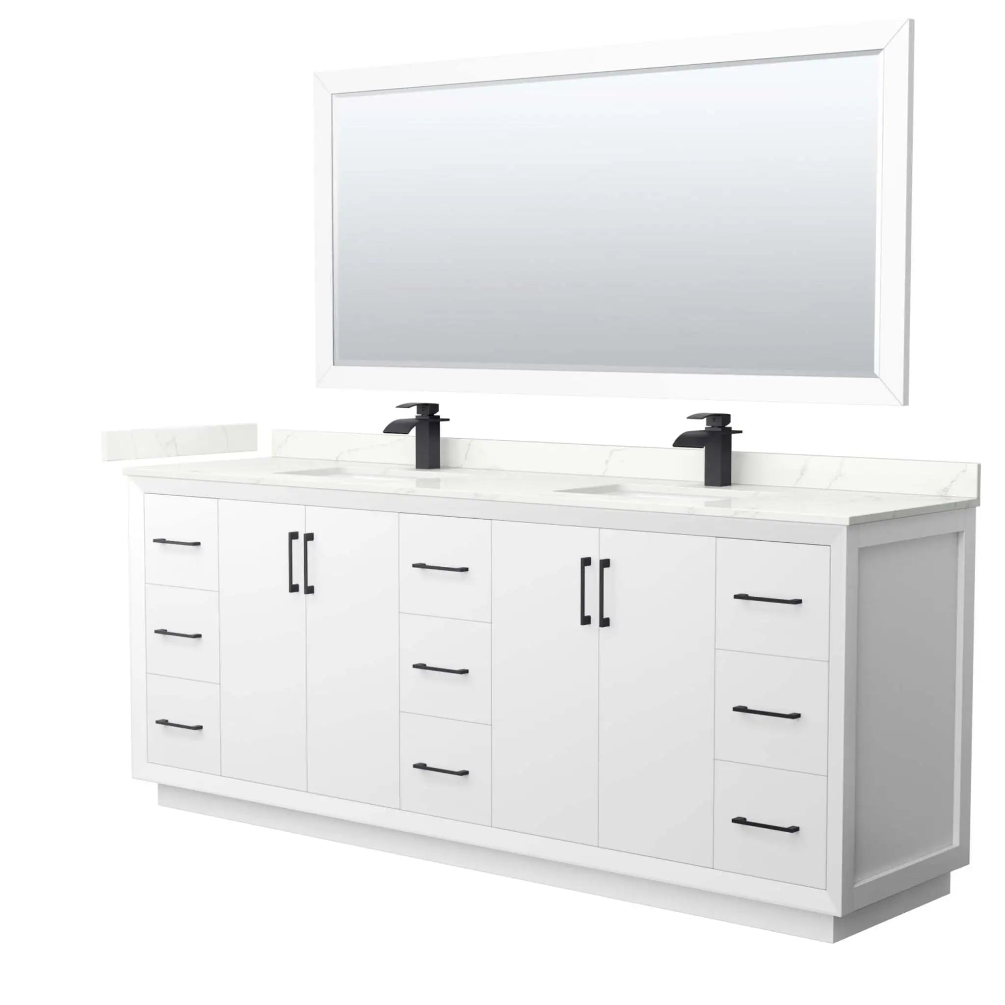 84" Strada Double Bathroom Vanity in White with Matte Black Trim & 70" Mirror by Wyndham