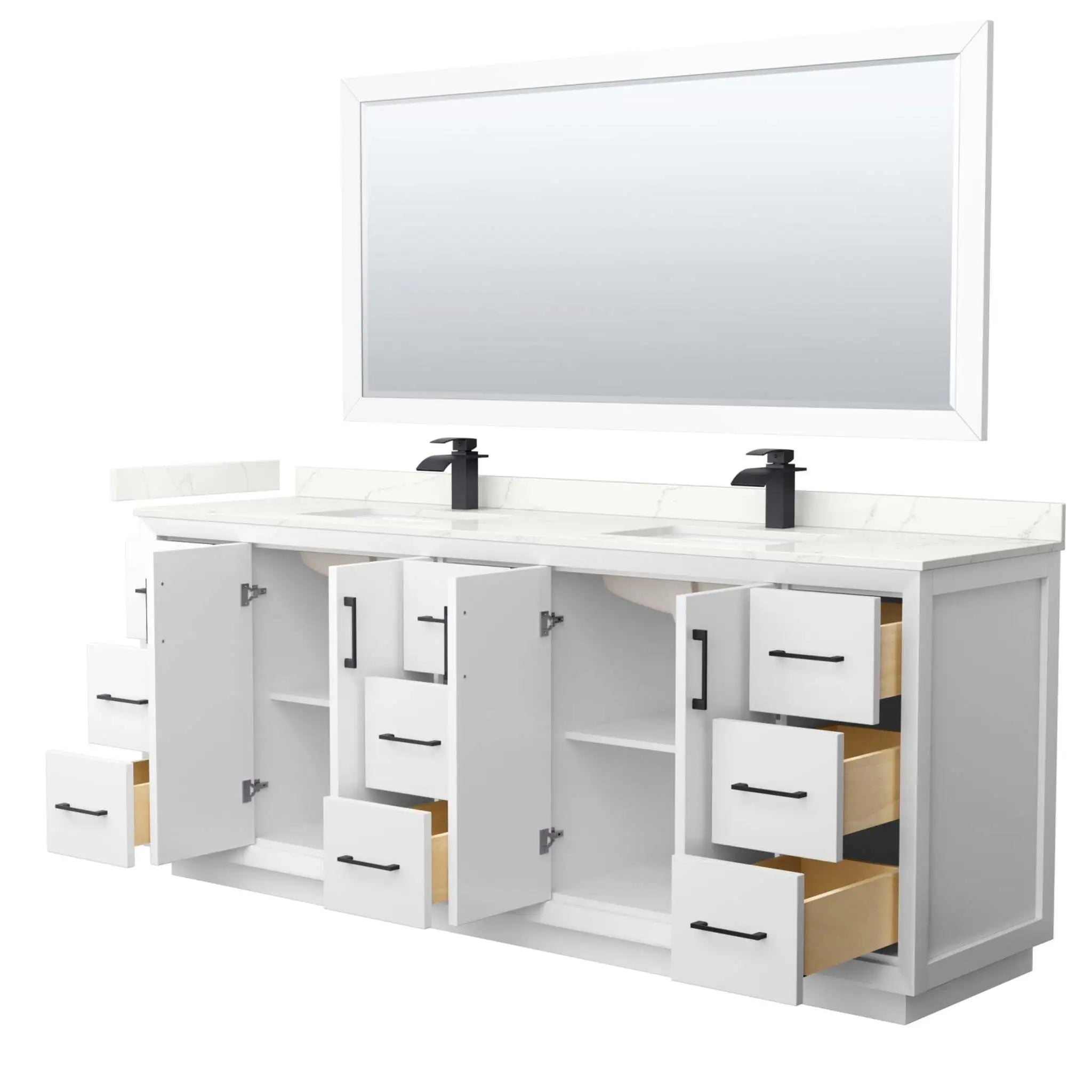 84" Strada Double Bathroom Vanity in White with Matte Black Trim & 70" Mirror by Wyndham