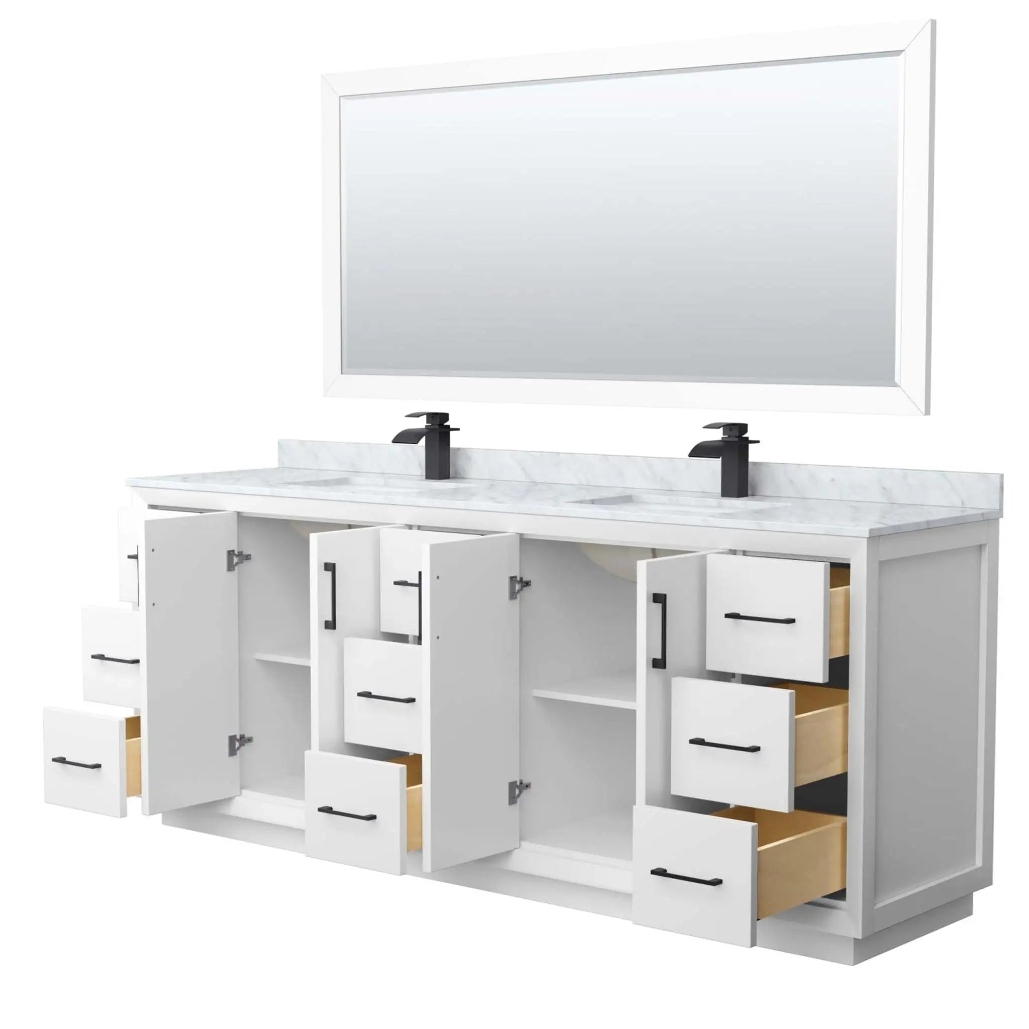 84" Strada Double Bathroom Vanity in White with Matte Black Trim & 70" Mirror by Wyndham