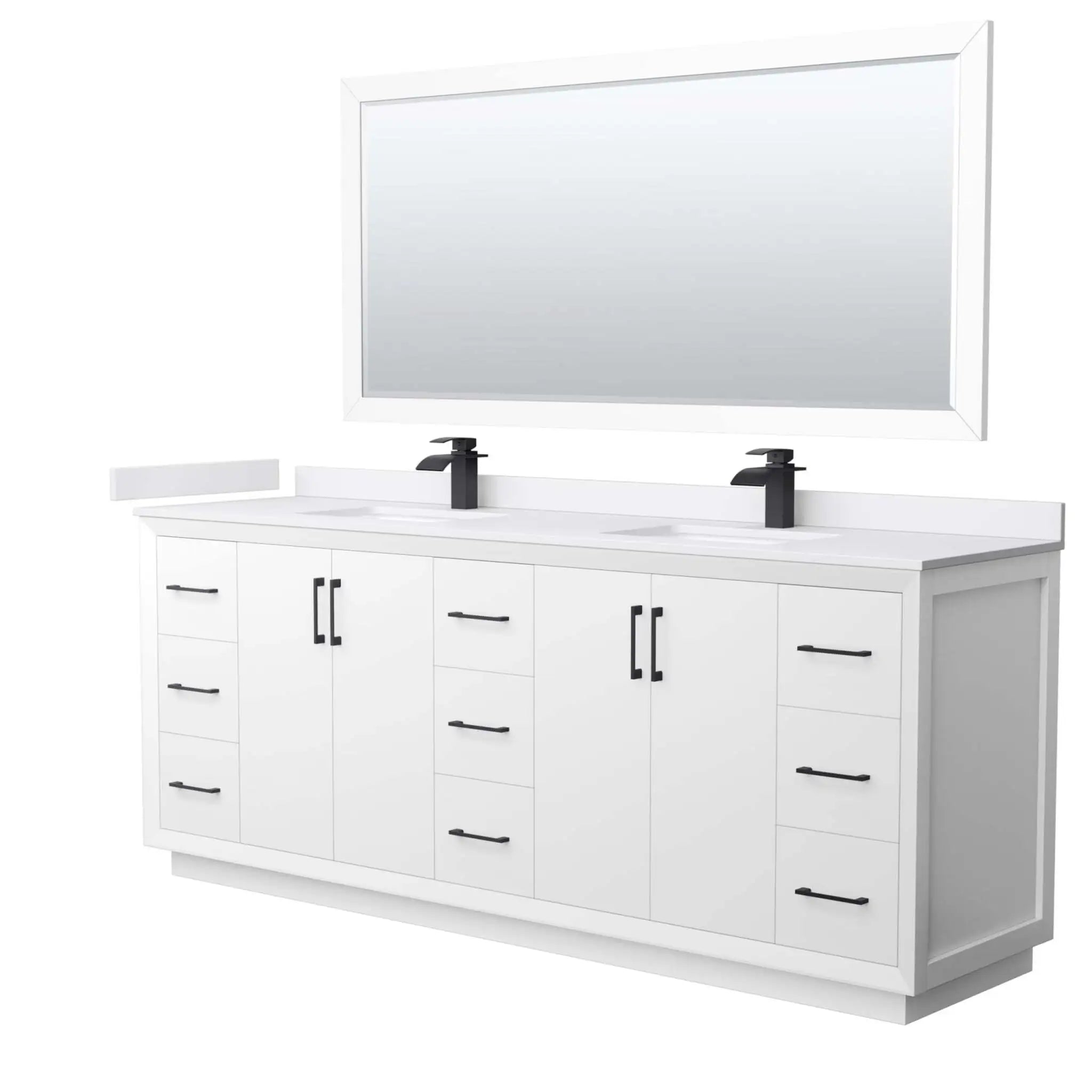 84" Strada Double Bathroom Vanity in White with Matte Black Trim & 70" Mirror by Wyndham
