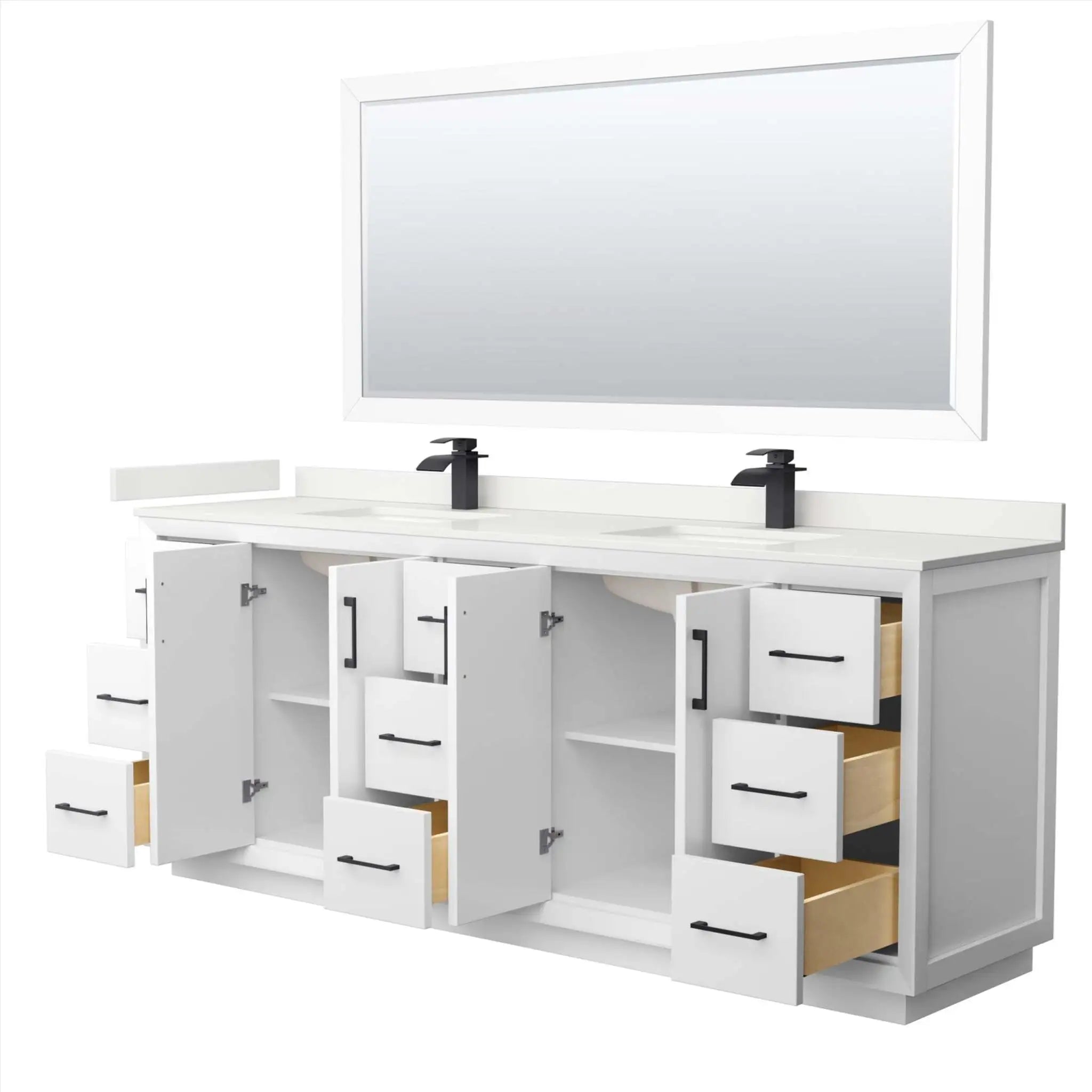 84" Strada Double Bathroom Vanity in White with Matte Black Trim & 70" Mirror by Wyndham