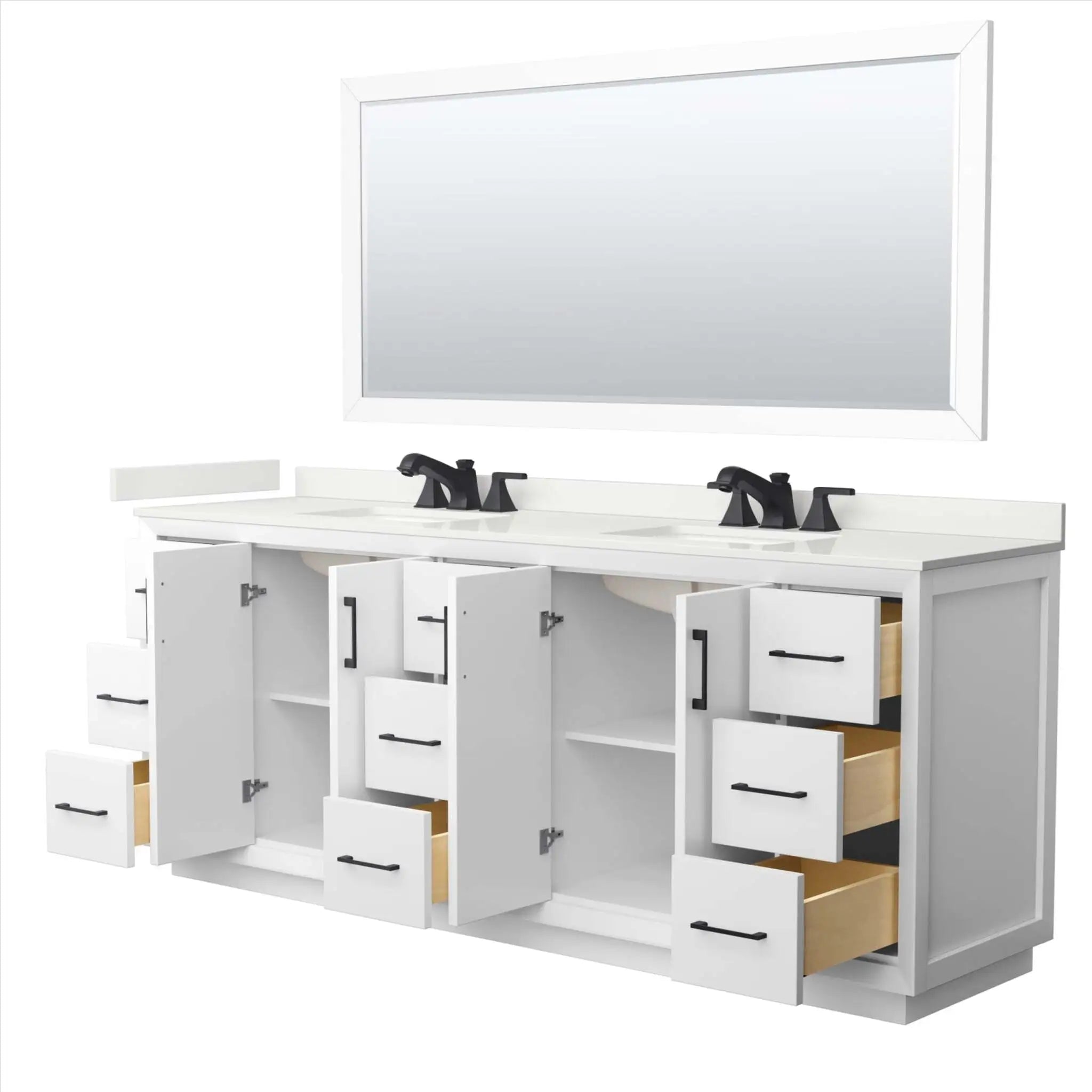 84" Strada Double Bathroom Vanity in White with Matte Black Trim & 70" Mirror by Wyndham