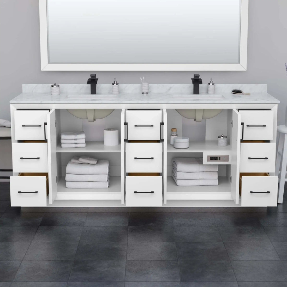 84" Strada Double Bathroom Vanity in White with Satin Bronze Trim by Wyndham