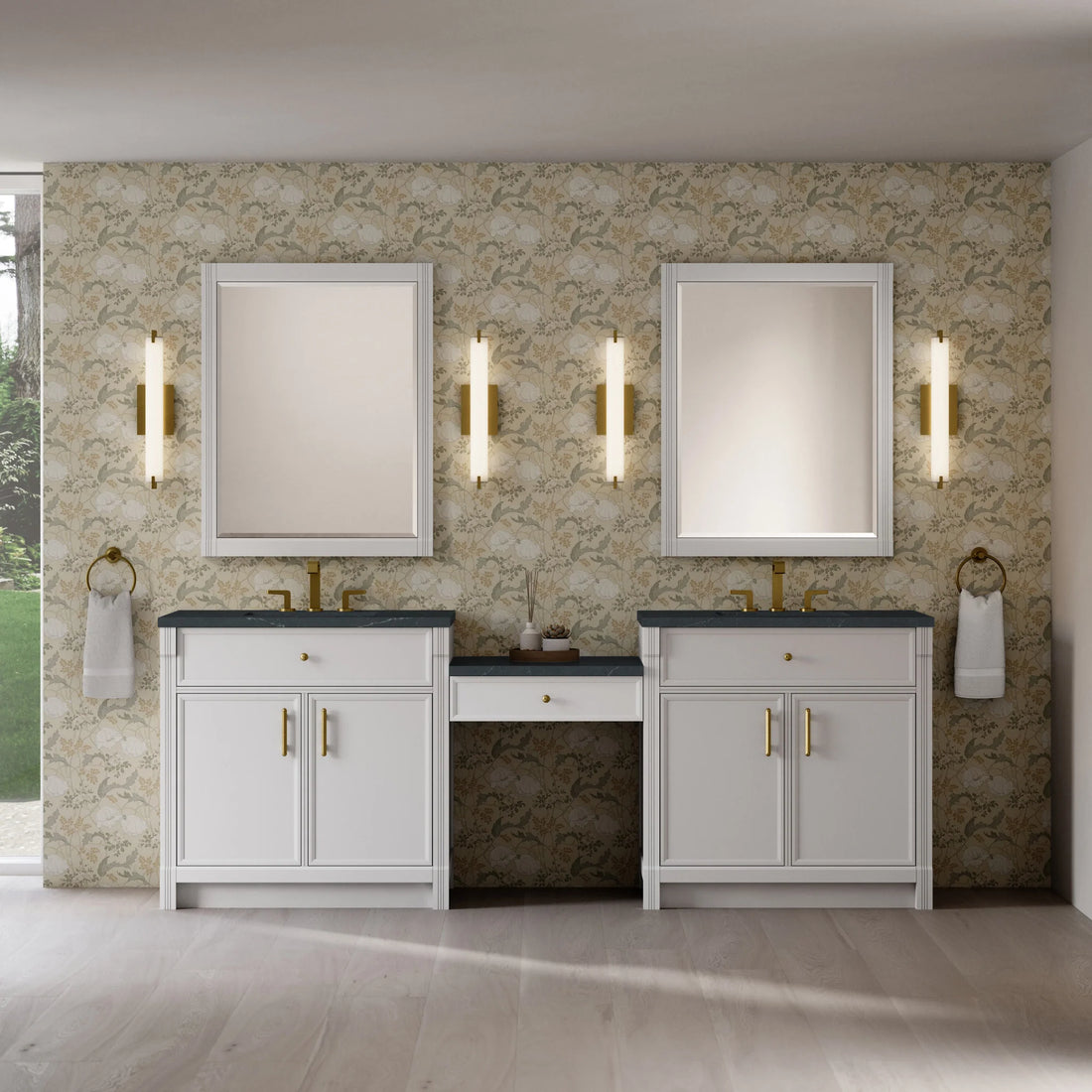 96" Bellshire Dual Vanity in Bright White with 24" Make-Up Counter by James Martin Vanities-Charcoal Soapstone Silestone 1