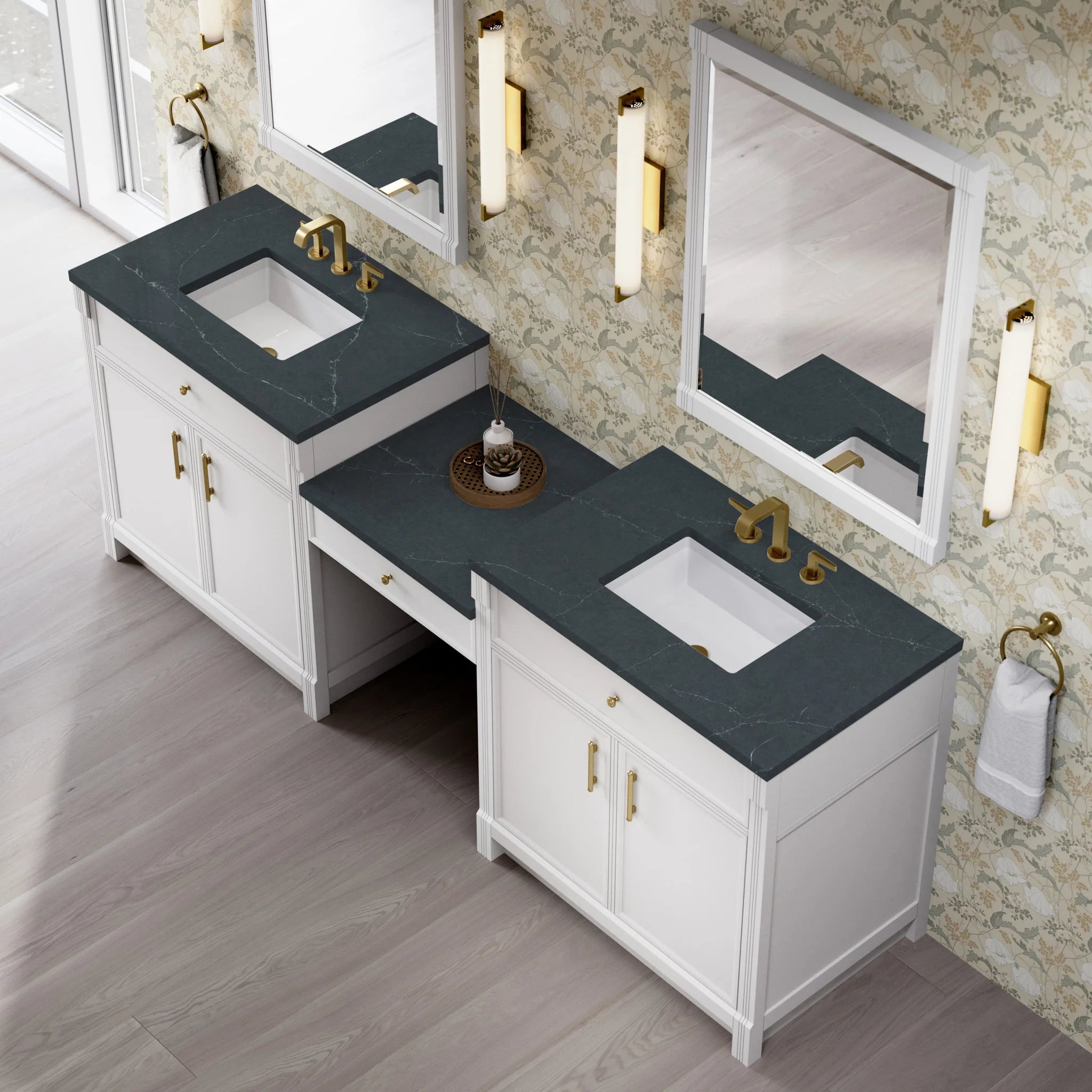 96" Bellshire Dual Vanity in Bright White with 24" Make-Up Counter by James Martin Vanities-Charcoal Soapstone Silestone 3