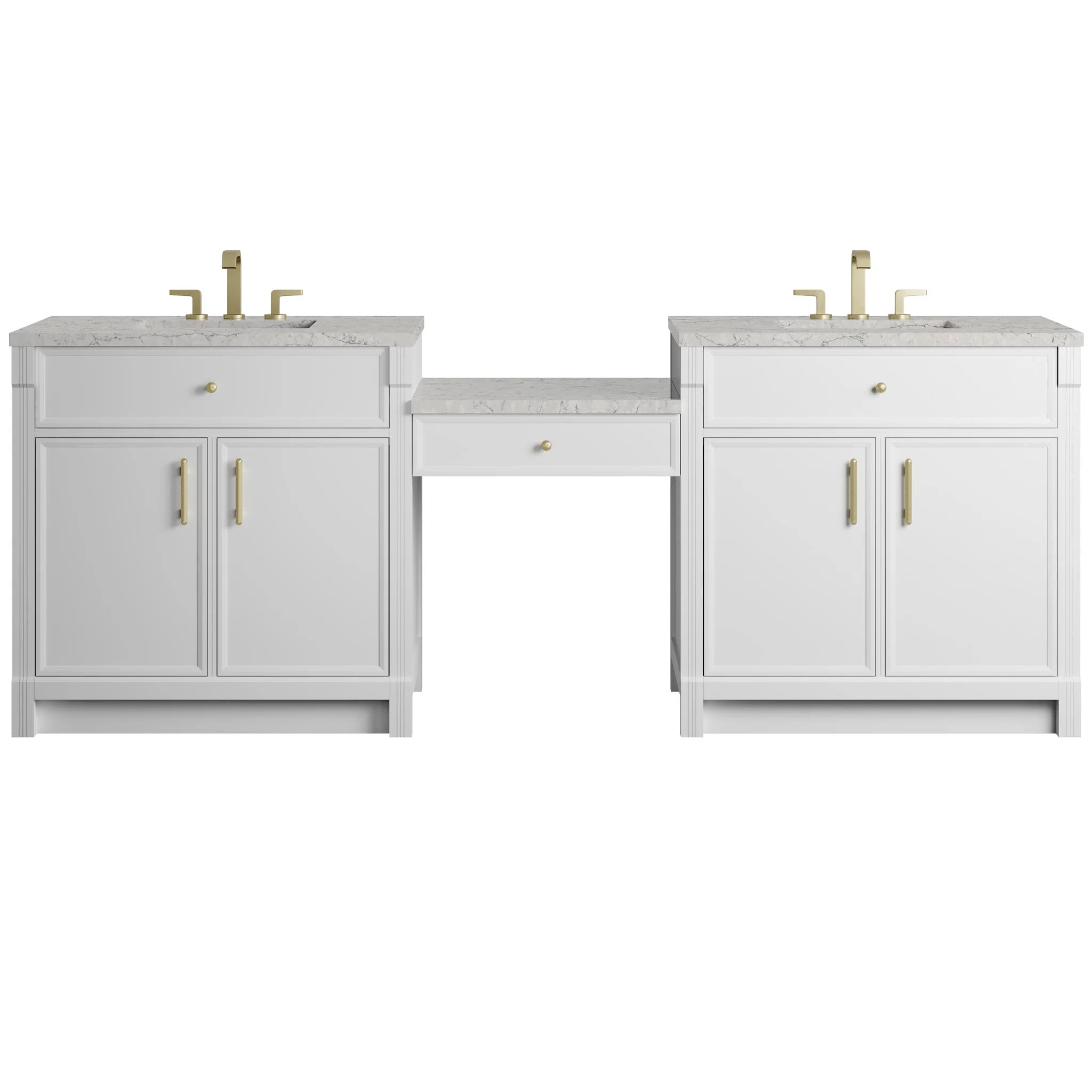96" Bellshire Dual Vanity in Bright White with 24" Make-Up Counter by James Martin Vanities-Eternal Jasmine Pearl Silestone 