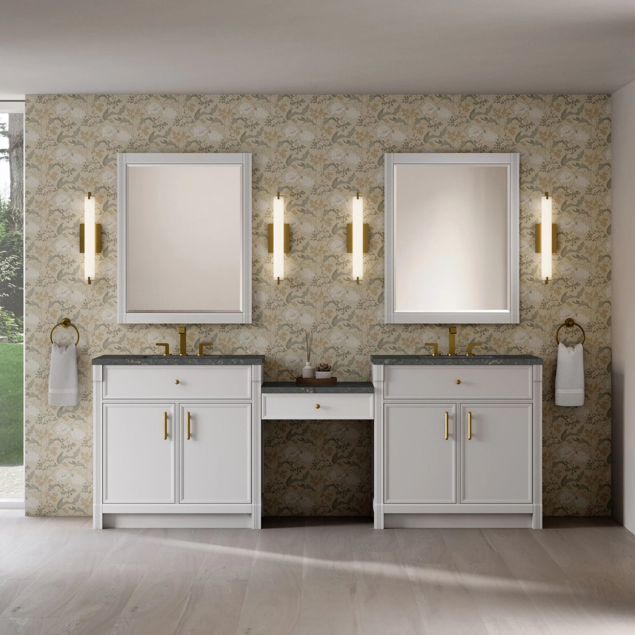 96" Bellshire Dual Vanity in Bright White with 24" Make-Up Counter by James Martin Vanities-Parisien Bleu Silestone 1