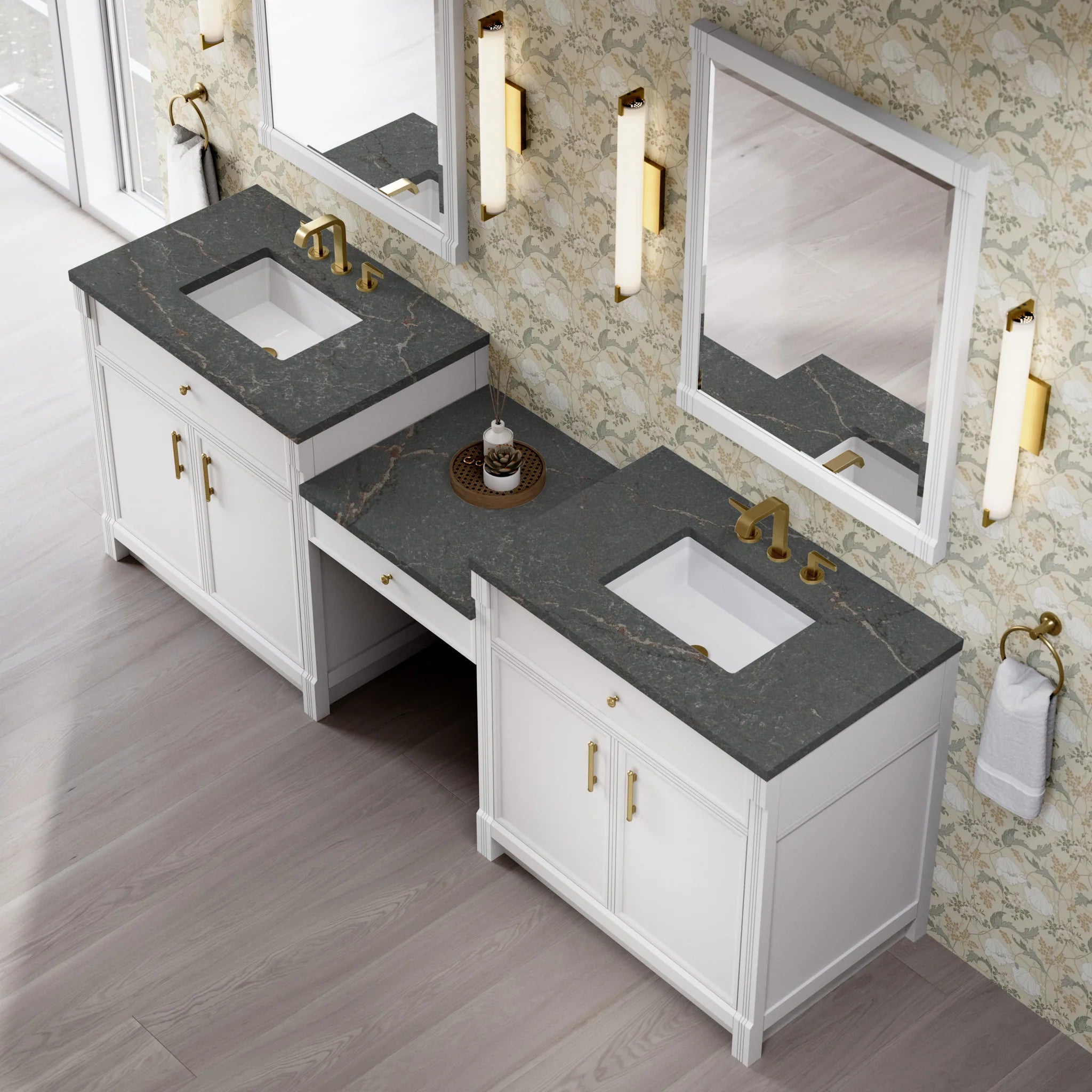 96" Bellshire Dual Vanity in Bright White with 24" Make-Up Counter by James Martin Vanities-Parisien Bleu Silestone 3