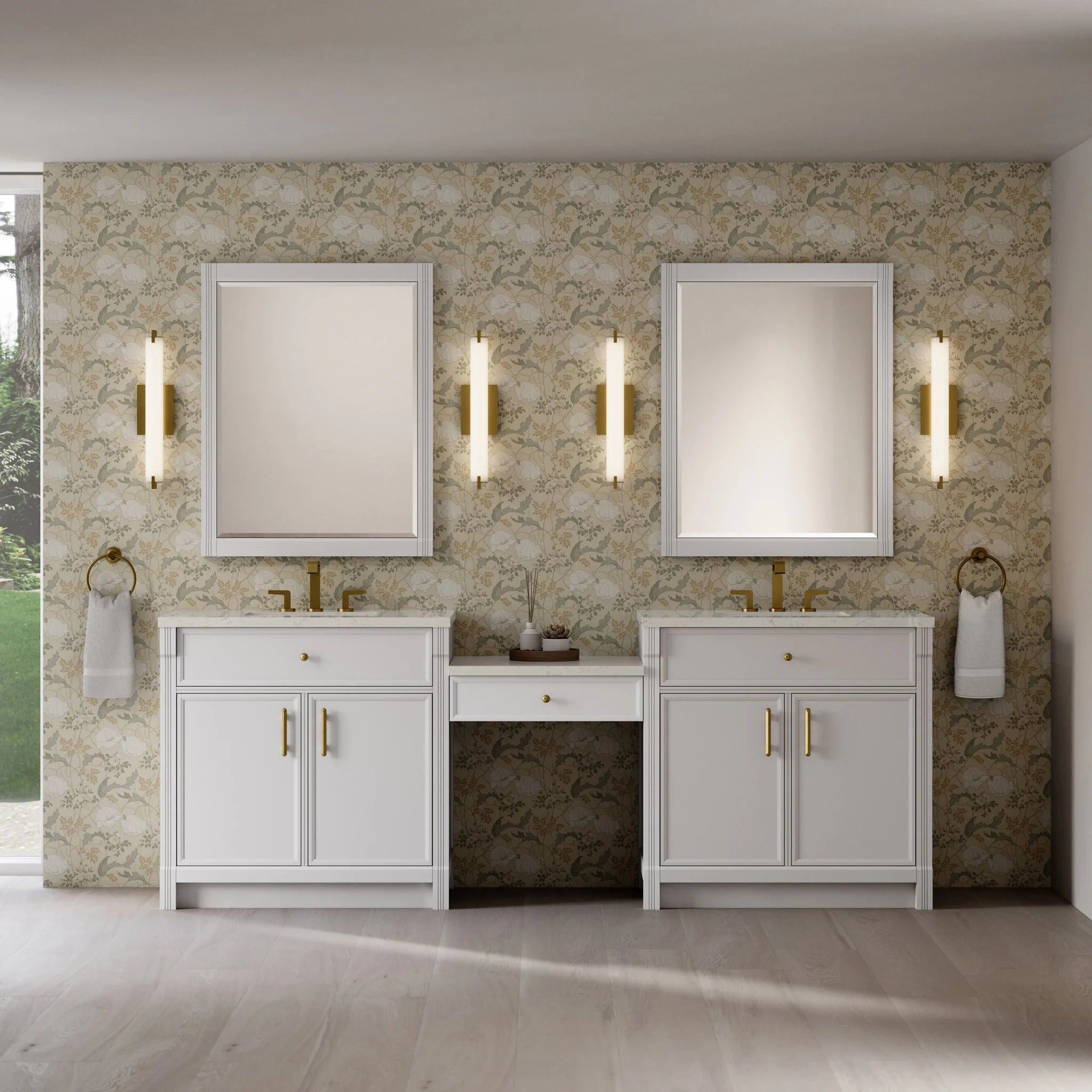 96" Bellshire Dual Vanity in Bright White with 24" Make-Up Counter by James Martin Vanities-Siberian Silestone 1
