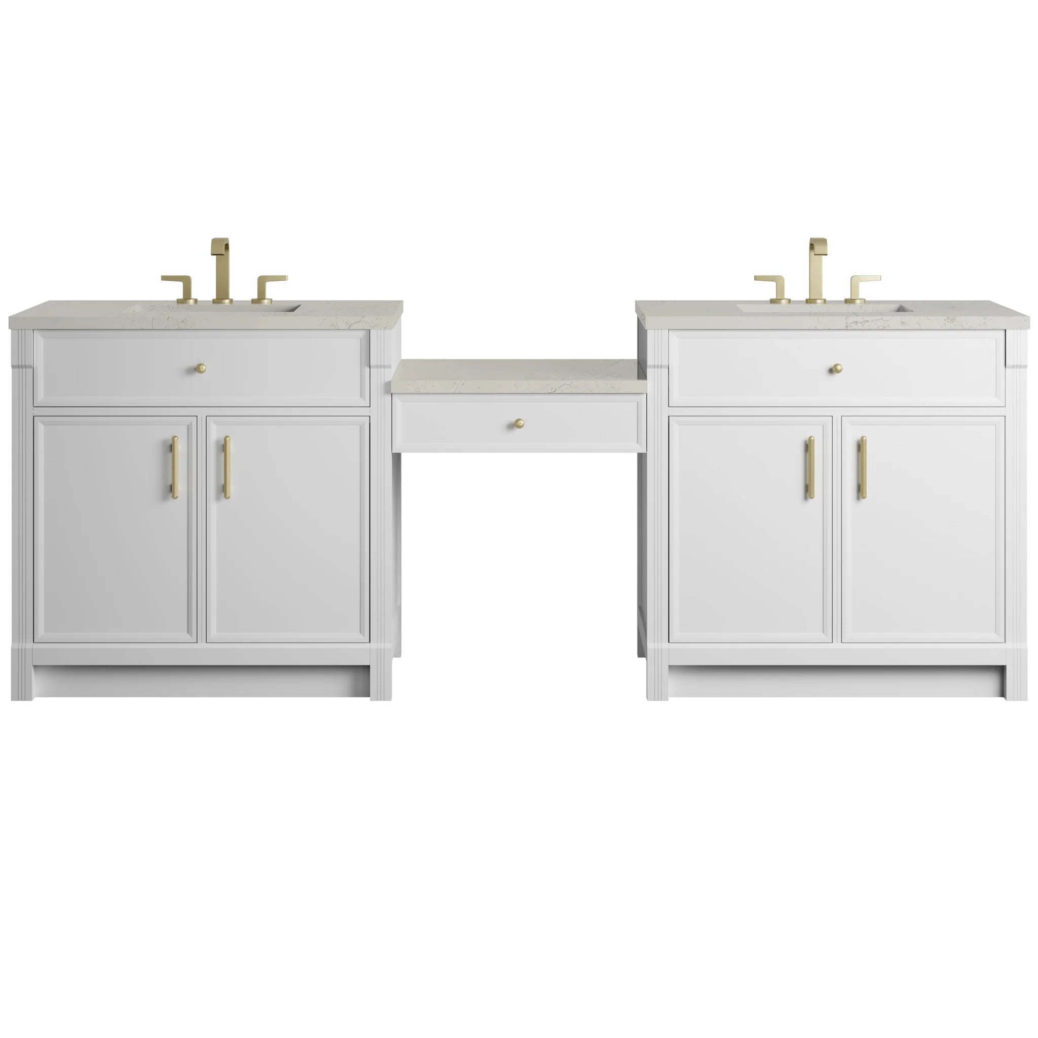 96" Bellshire Dual Vanity in Bright White with 24" Make-Up Counter by James Martin Vanities-Siberian Silestone 