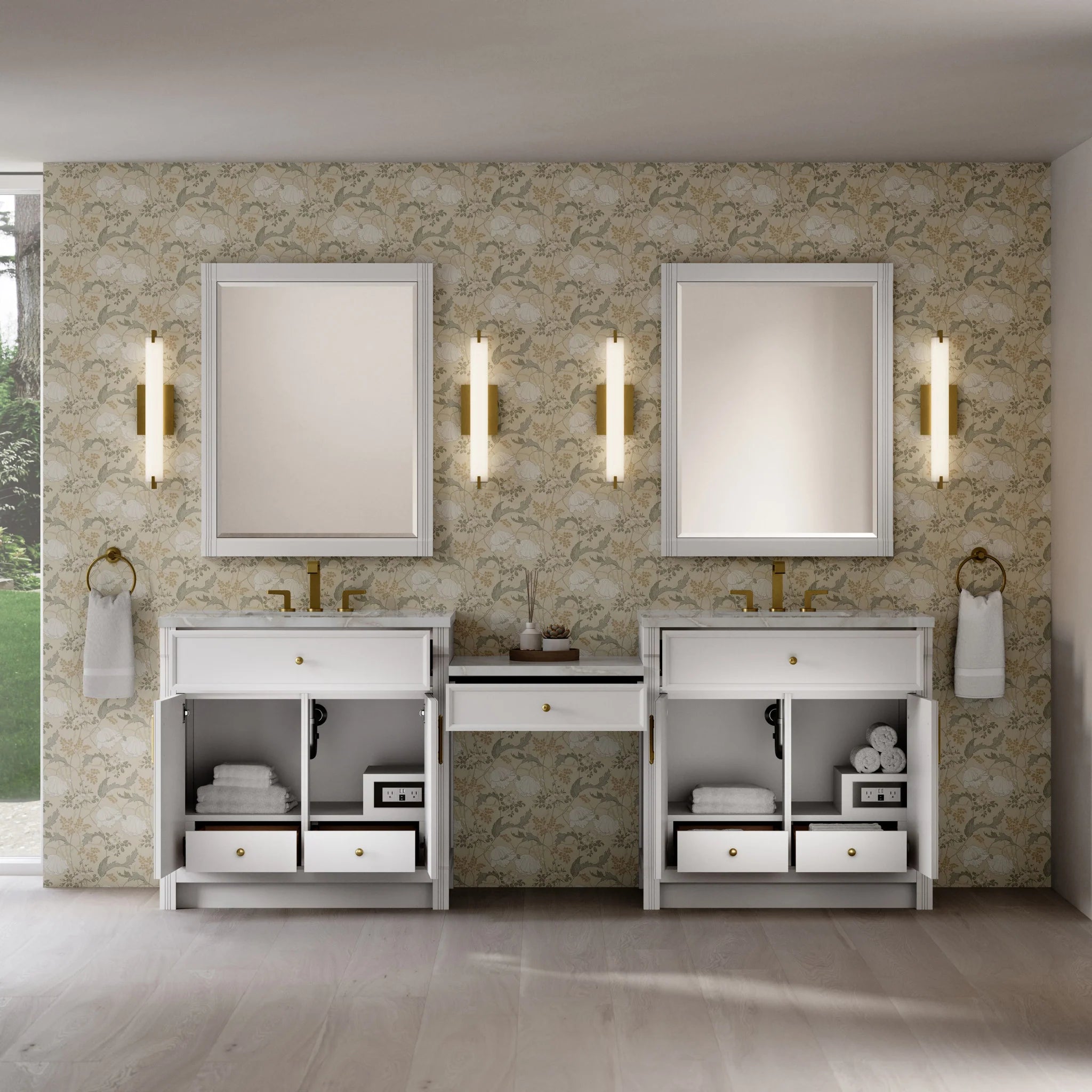 96" Bellshire Dual Vanity in Bright White with 24" Make-Up Counter by James Martin Vanities-Victorian Silver Silestone 2