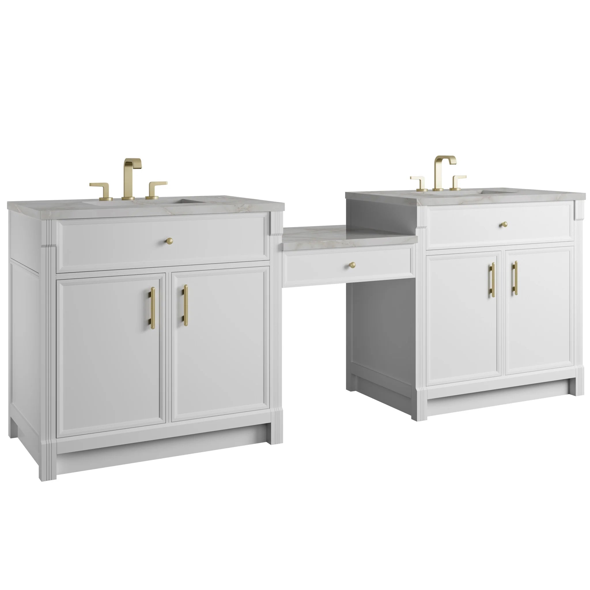 96" Bellshire Dual Vanity in Bright White with 24" Make-Up Counter by James Martin Vanities-Victorian Silver Silestone 4