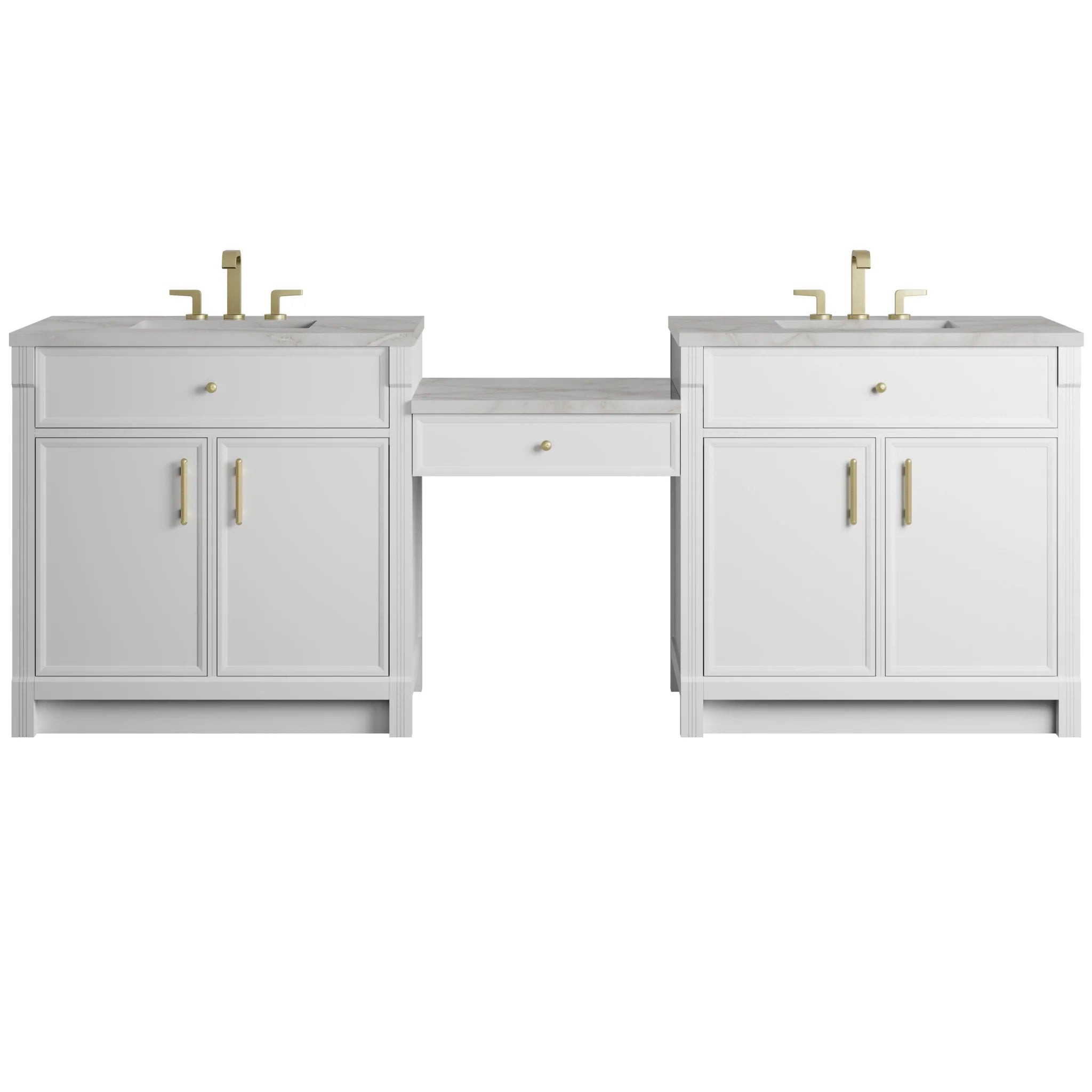 96" Bellshire Dual Vanity in Bright White with 24" Make-Up Counter by James Martin Vanities-Victorian Silver Silestone 