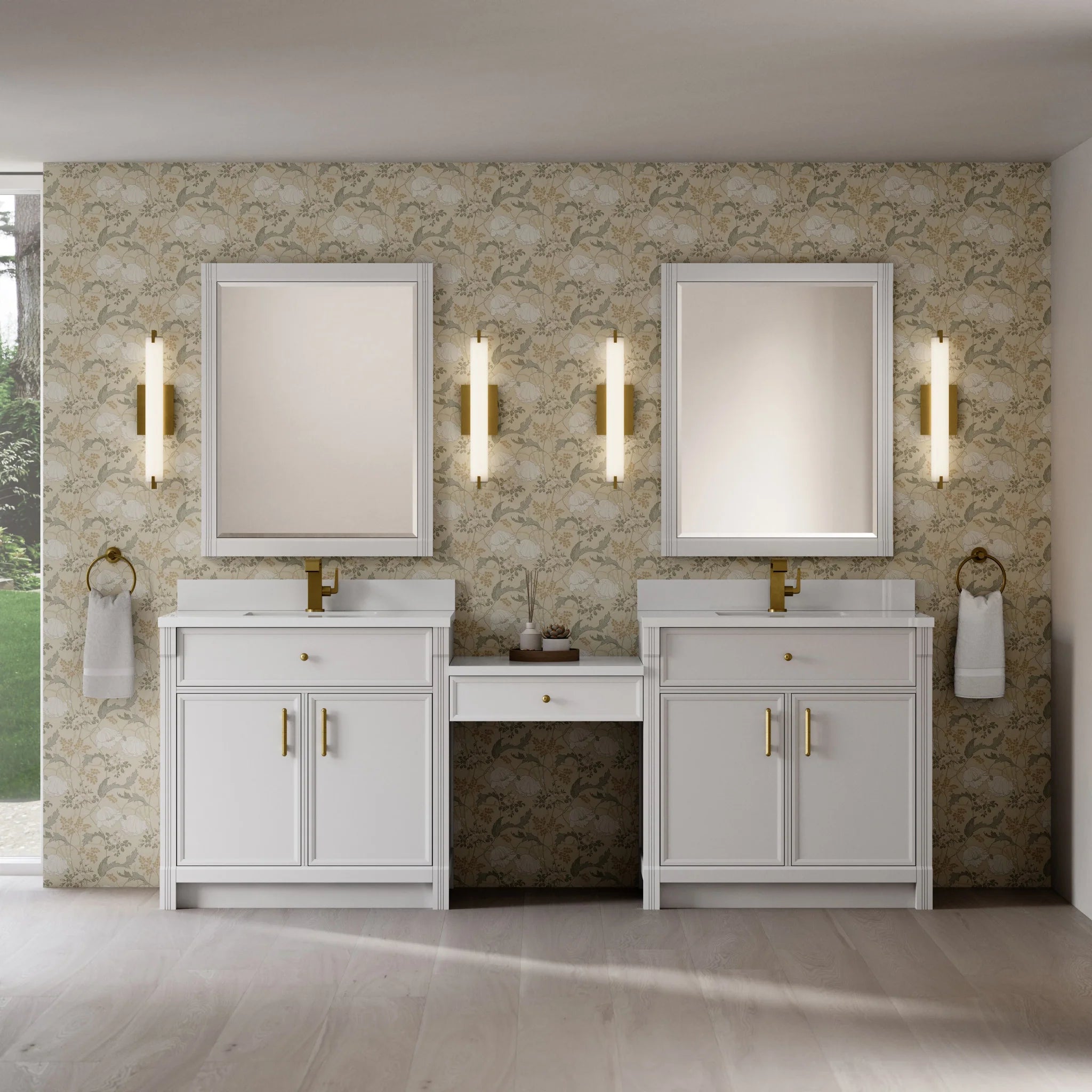 96" Bellshire Dual Vanity in Bright White with 24" Make-Up Counter by James Martin Vanities-White Zeus Silestone & Backsplash 1