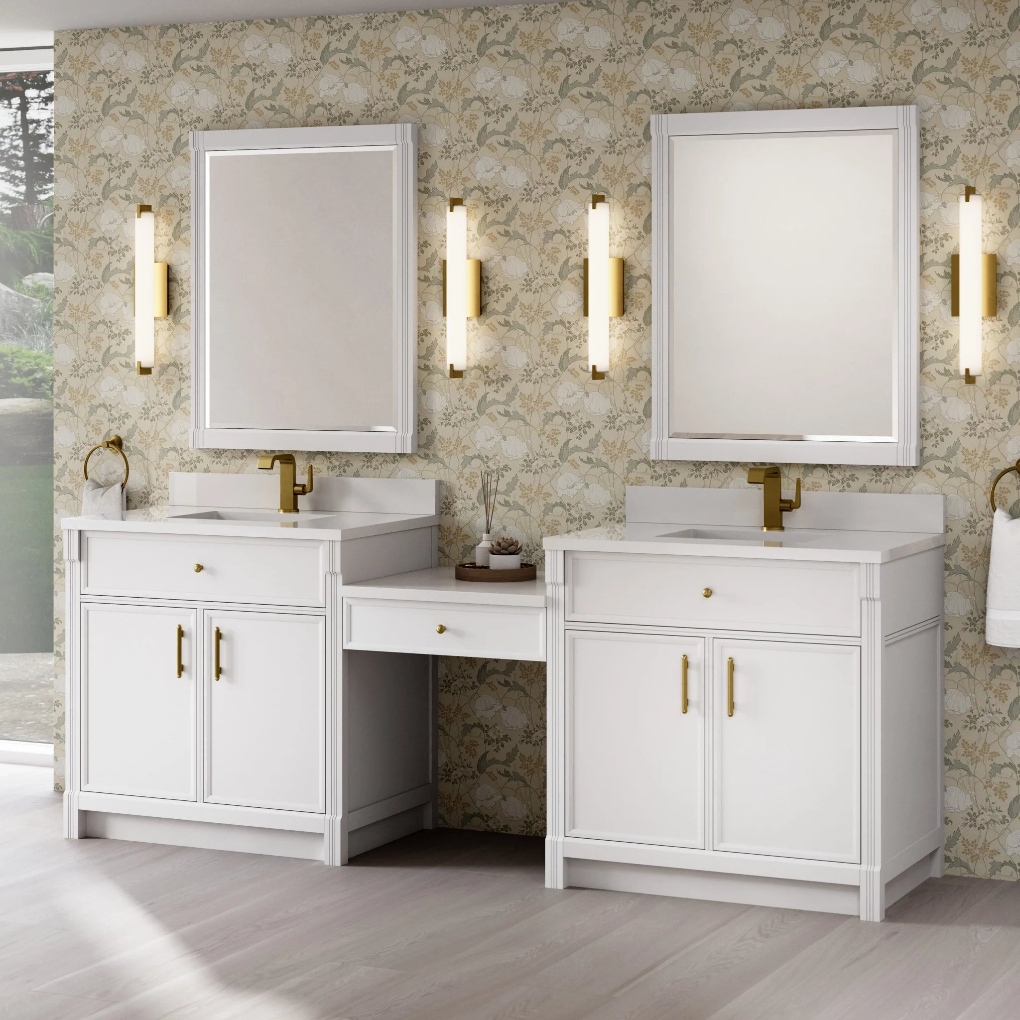 96" Bellshire Dual Vanity in Bright White with 24" Make-Up Counter by James Martin Vanities-White Zeus Silestone & Backsplash 2