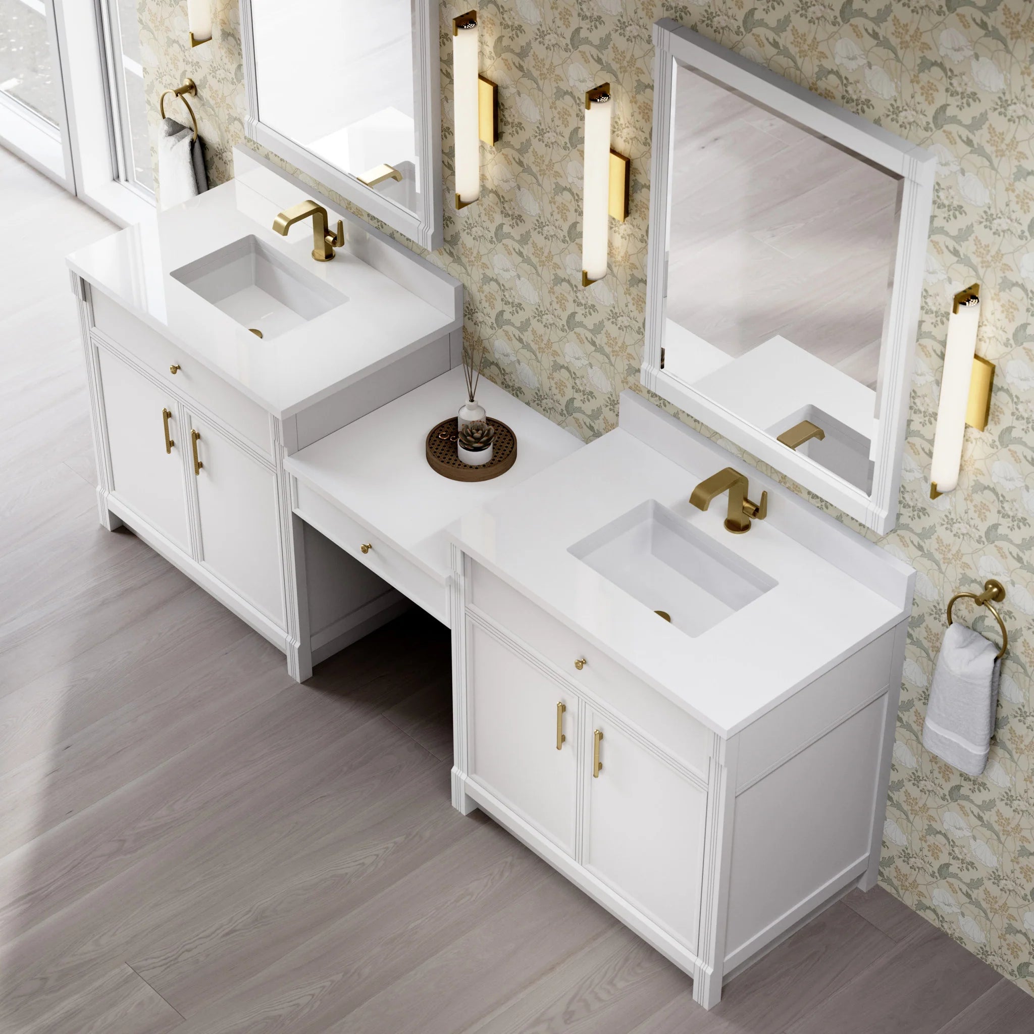 96" Bellshire Dual Vanity in Bright White with 24" Make-Up Counter by James Martin Vanities-White Zeus Silestone & Backsplash 4