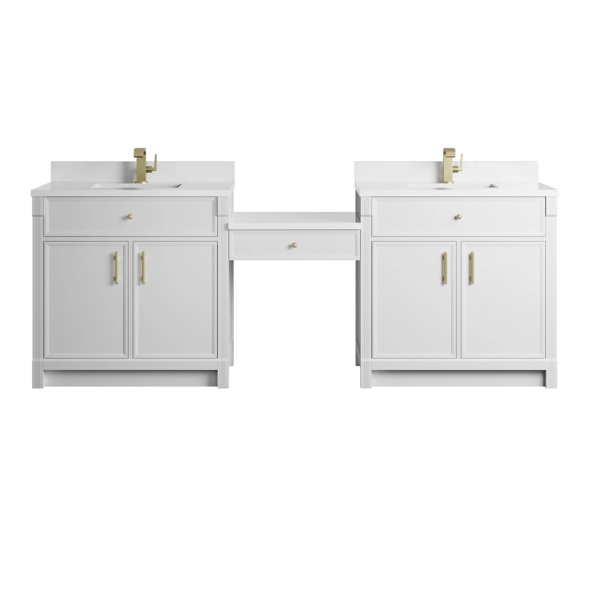 96" Bellshire Dual Vanity in Bright White with 24" Make-Up Counter by James Martin Vanities-White Zeus Silestone & Backsplash 