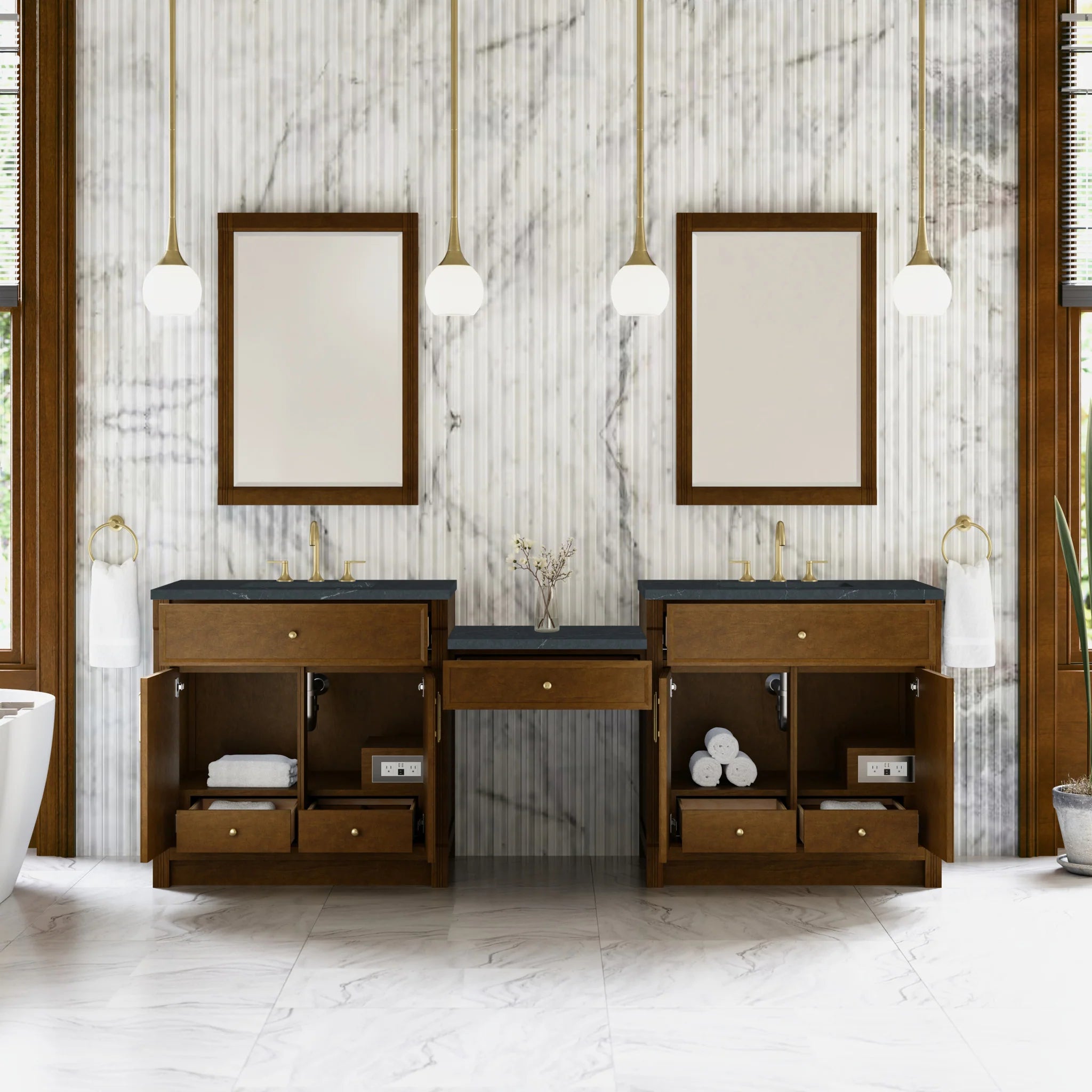 96" Bellshire Dual Vanity in Honey Oak with 24" Make-Up Counter by James Martin Vanities-Charcoal Soapstone Silestone 2