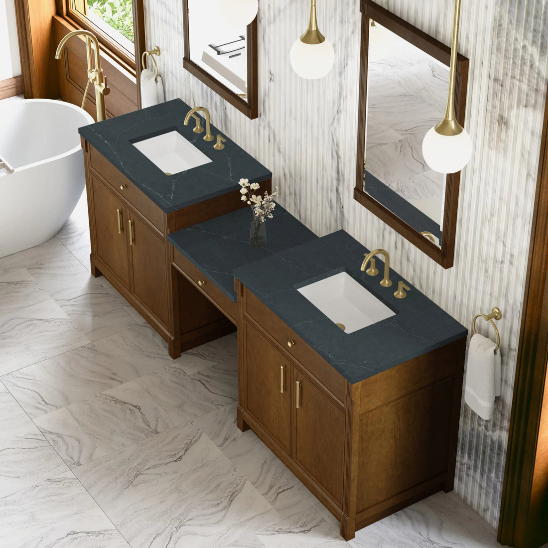 96" Bellshire Dual Vanity in Honey Oak with 24" Make-Up Counter by James Martin Vanities-Charcoal Soapstone Silestone 3