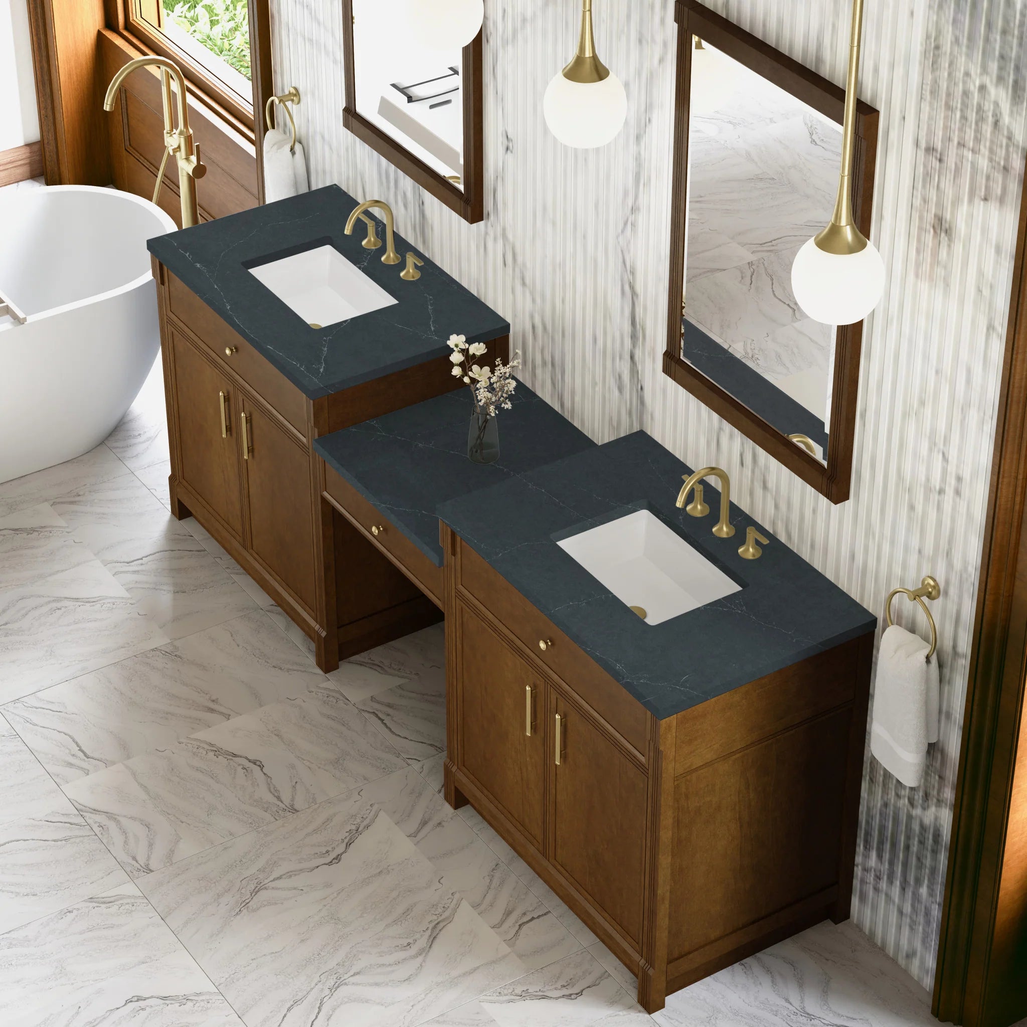 96" Bellshire Dual Vanity in Honey Oak with 24" Make-Up Counter by James Martin Vanities-Charcoal Soapstone Silestone 3