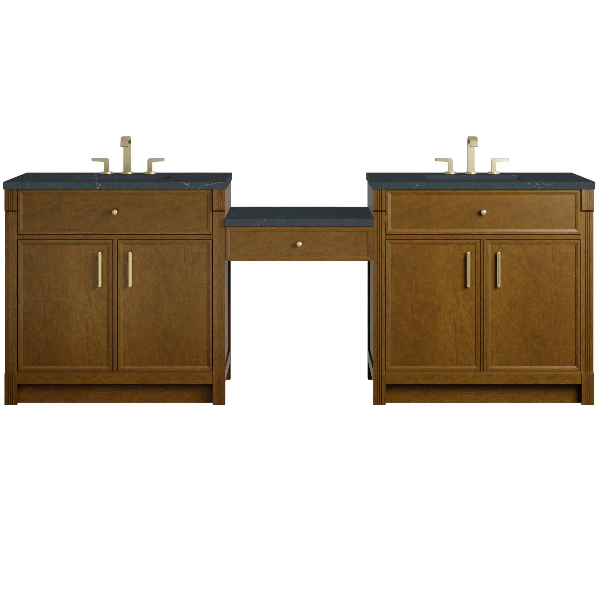 96" Bellshire Dual Vanity in Honey Oak with 24" Make-Up Counter by James Martin Vanities-Charcoal Soapstone Silestone 