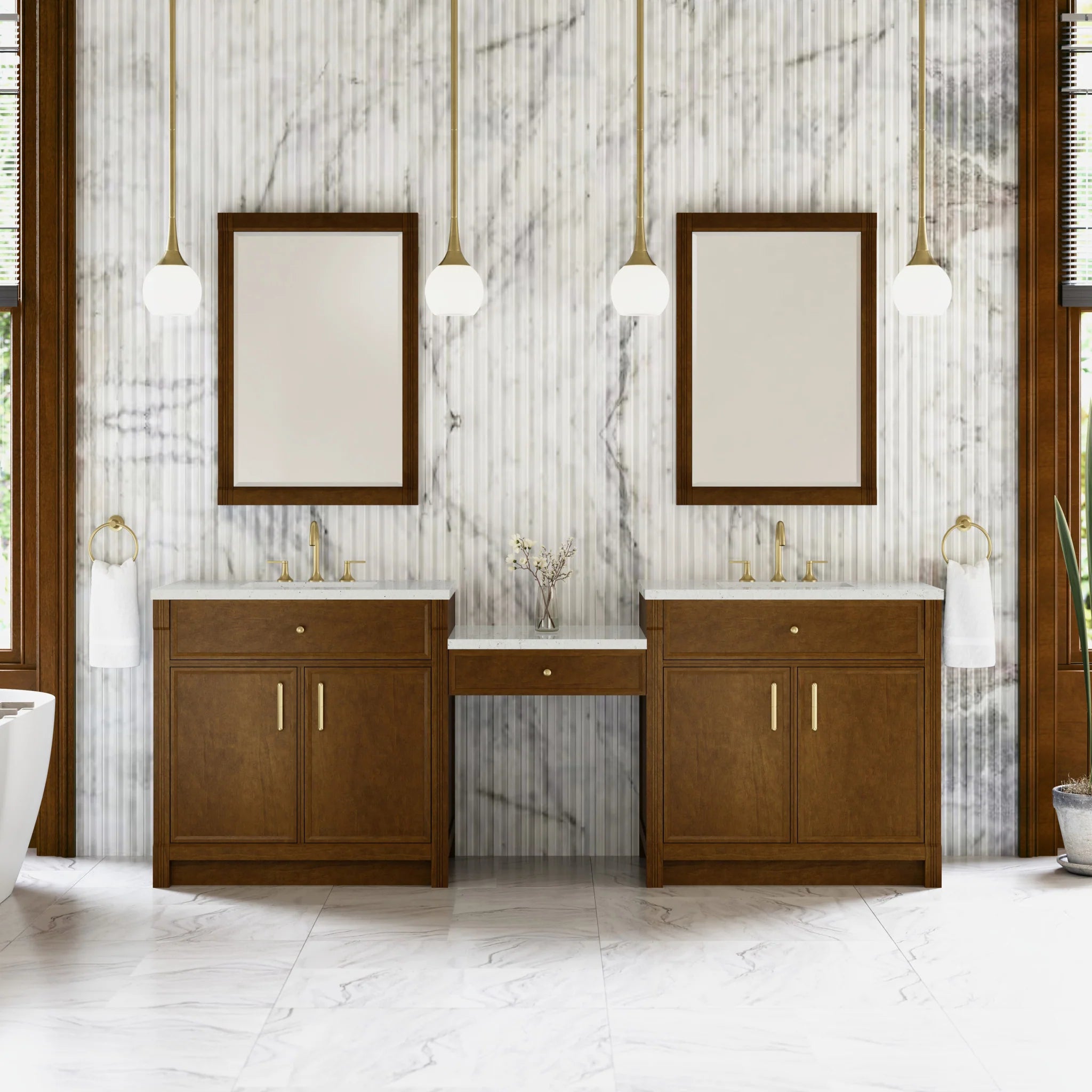 96" Bellshire Dual Vanity in Honey Oak with 24" Make-Up Counter by James Martin Vanities-Lime Delight Silestone 1
